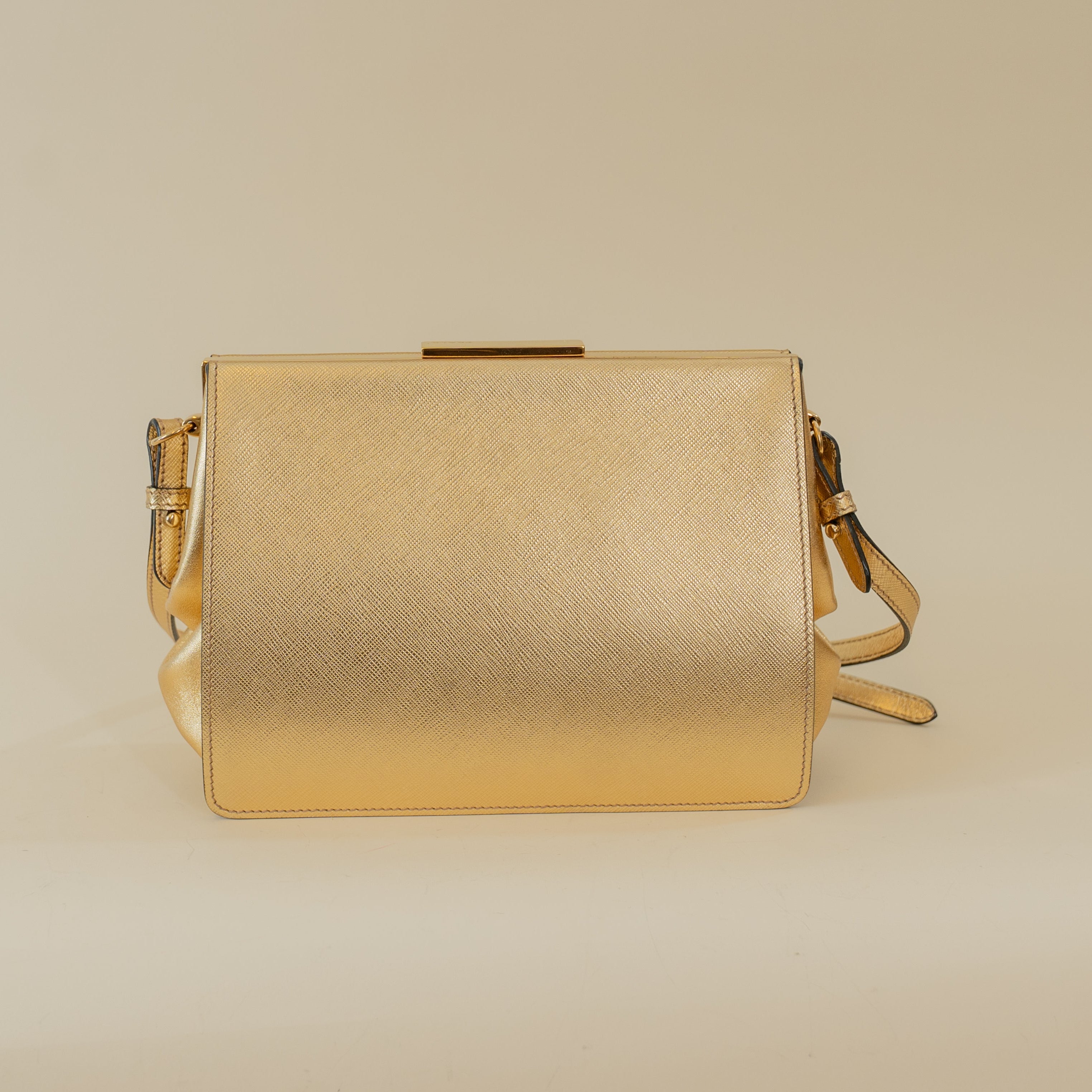 PRE-OWNED Gold Saffiano Light Frame Crossbody Bag