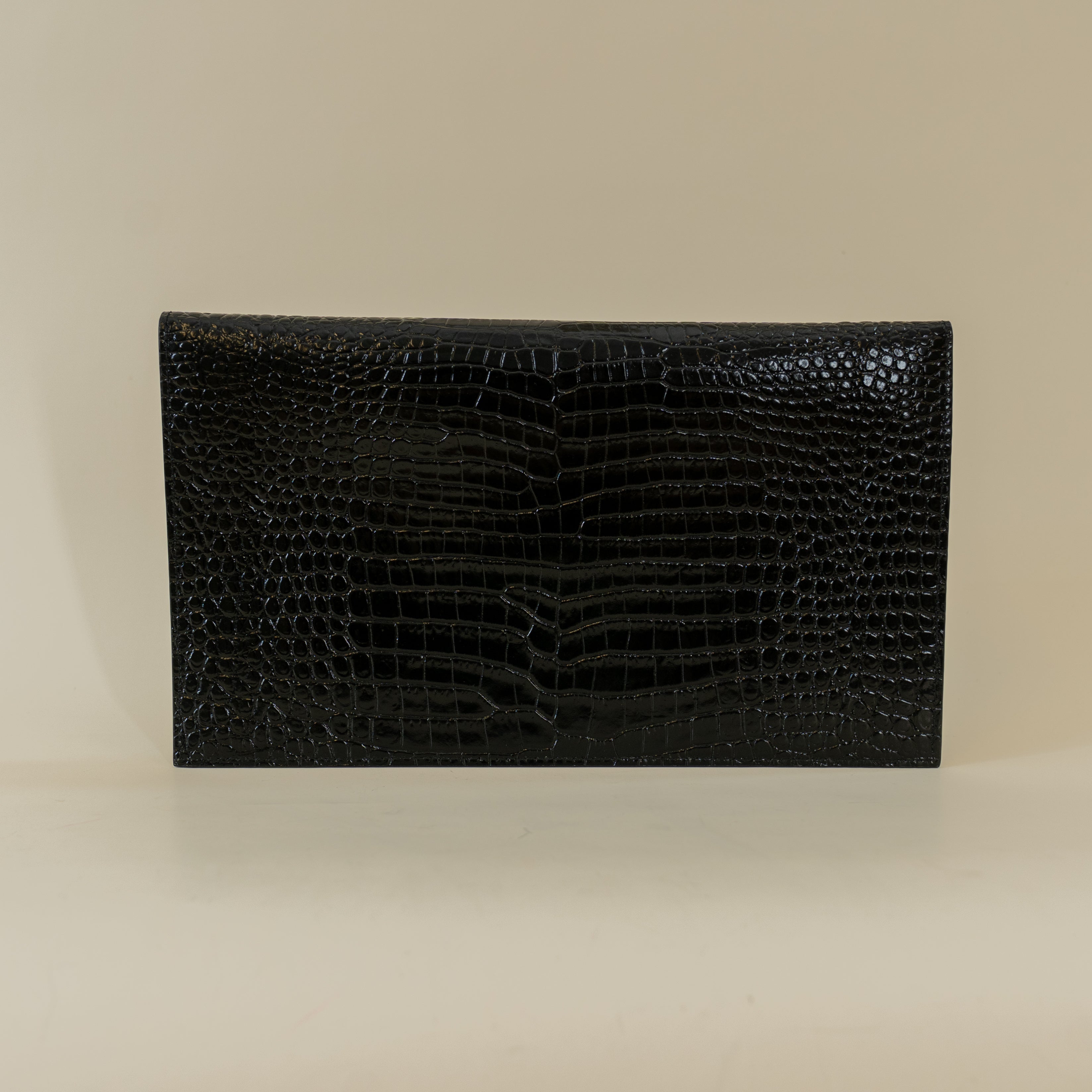 PRE-OWNED Black Calfskin Crocodile Embossed Uptown Monogram Clutch