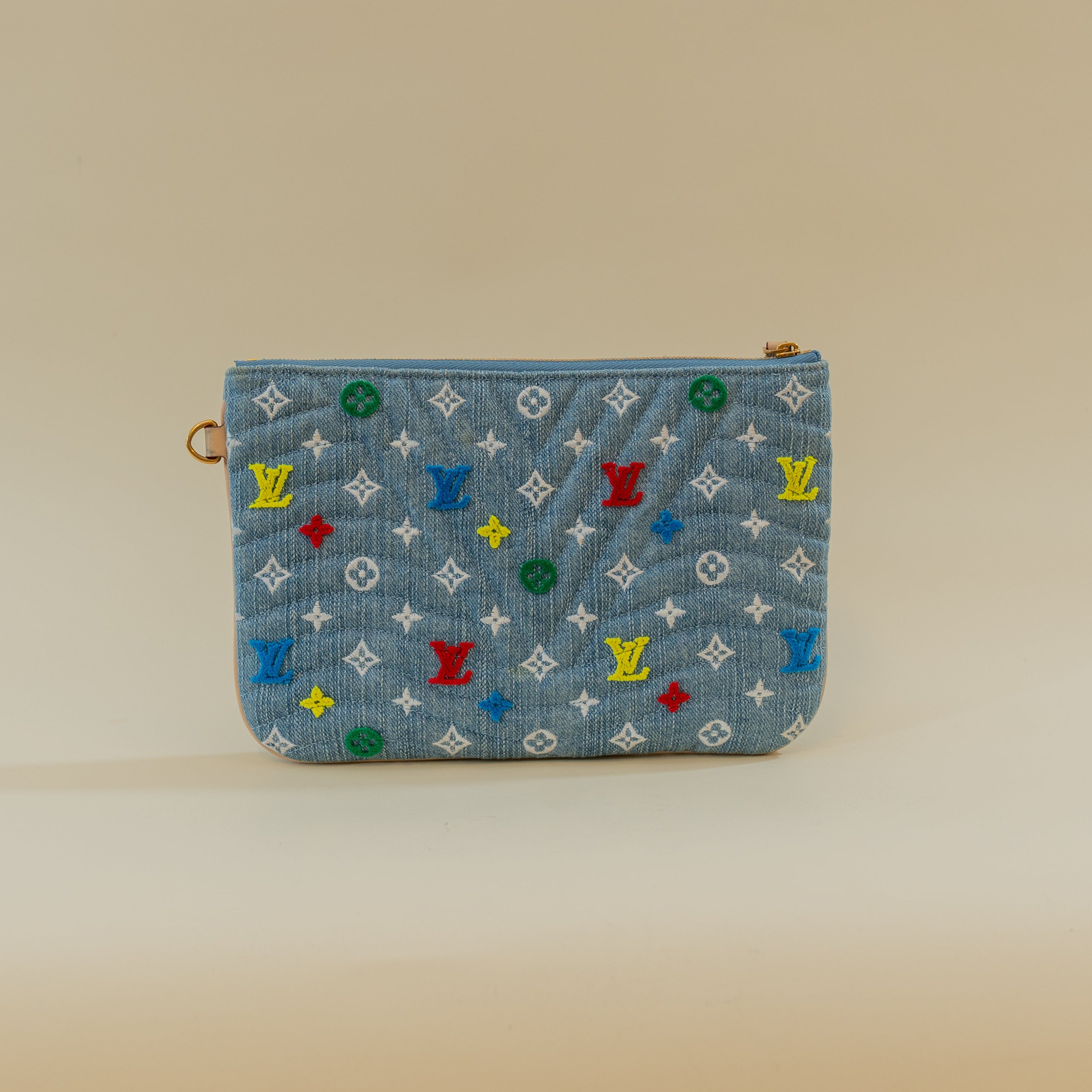 PRE-OWNED LV Embroidered Monogram Denim New Wave Zipped Pochette