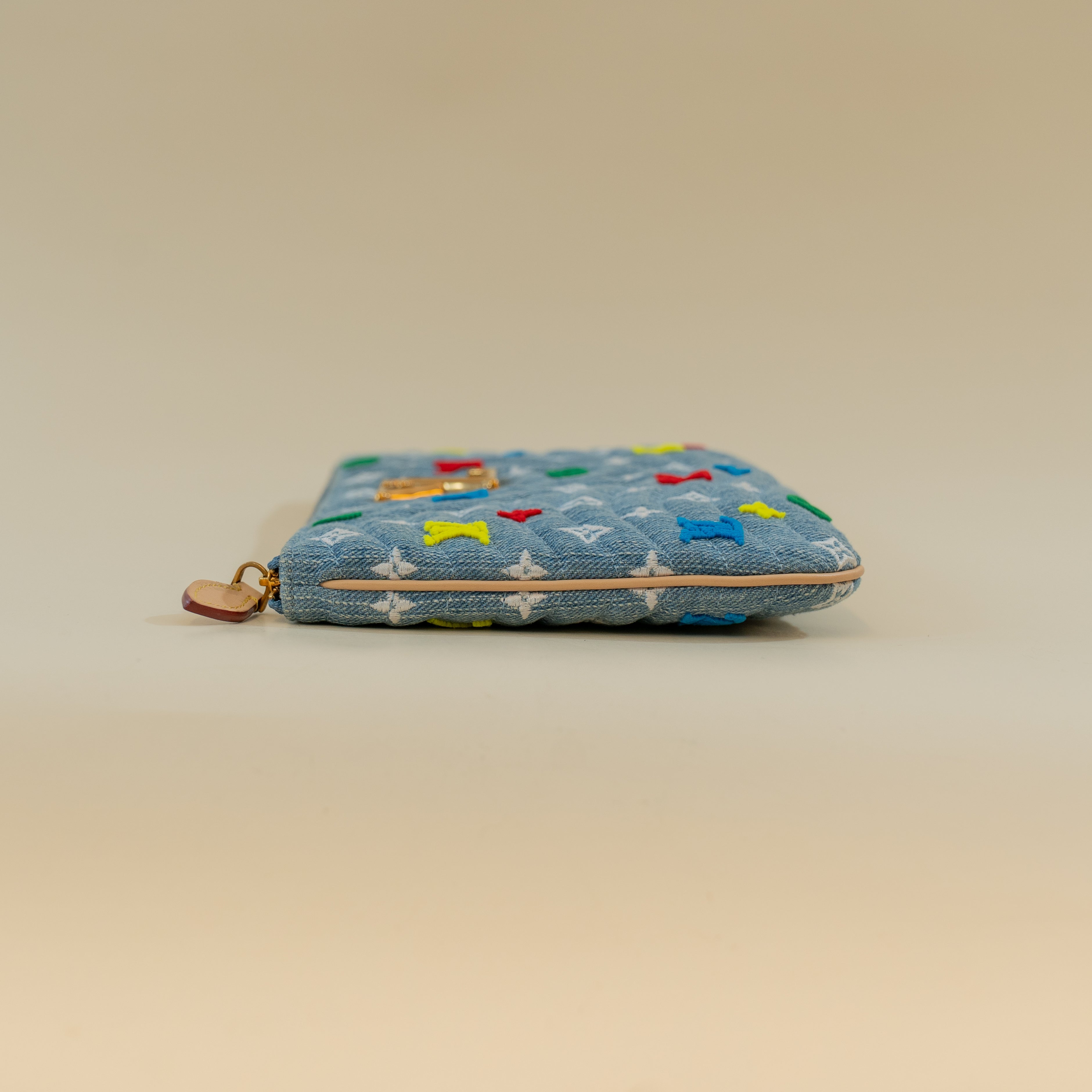 PRE-OWNED LV Embroidered Monogram Denim New Wave Zipped Pochette