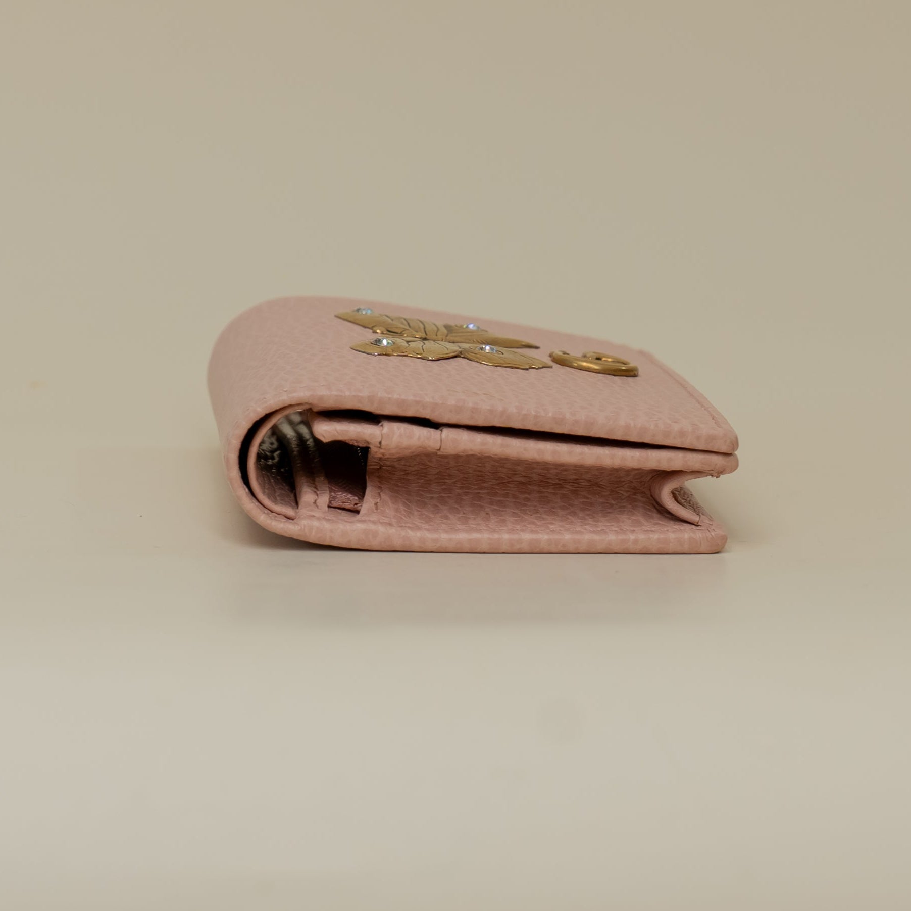 PRE-OWNED Pebbled Calfskin Butterfly Card Case Perfect Pink