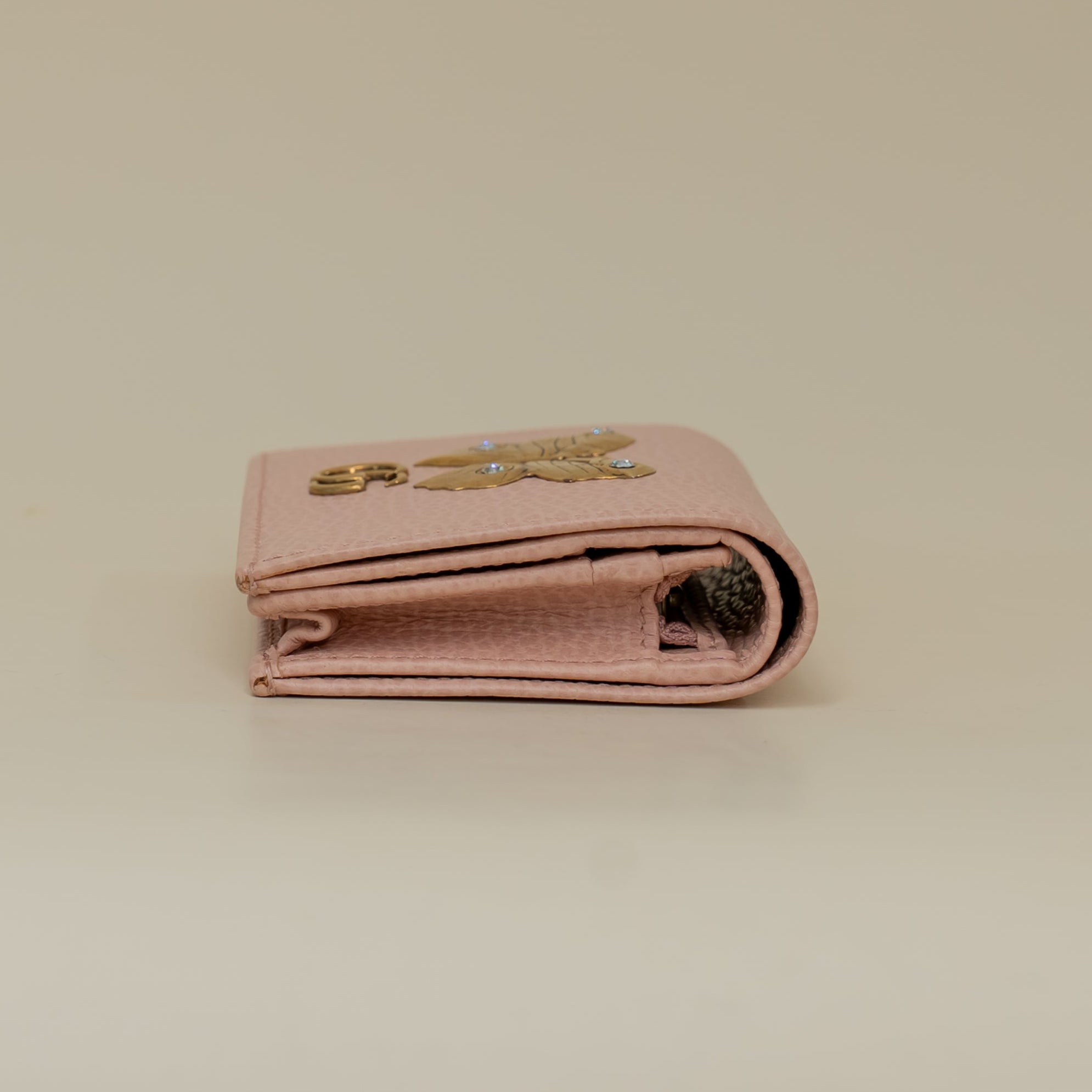 PRE-OWNED Pebbled Calfskin Butterfly Card Case Perfect Pink