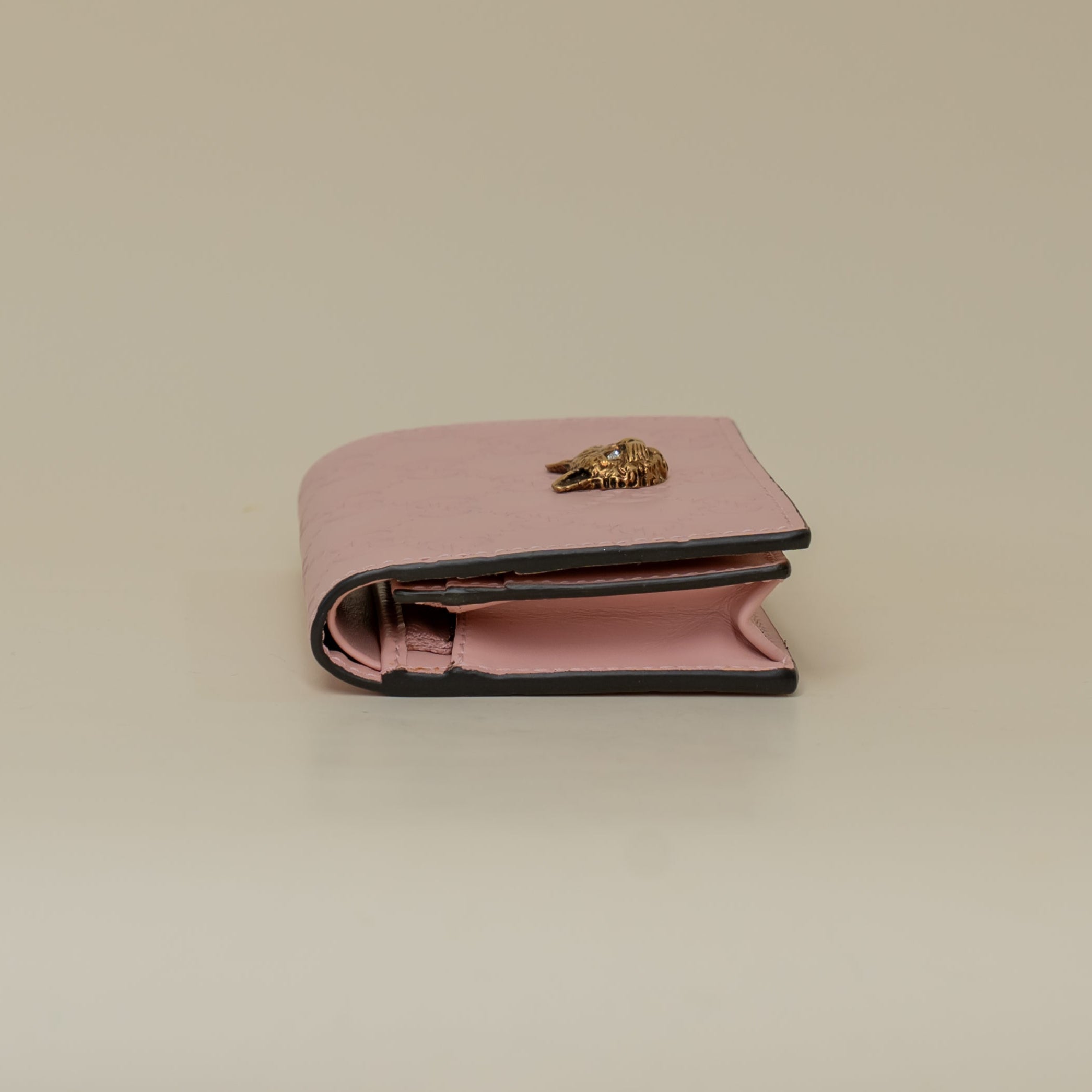 PRE-OWNED Guccissima Signature Crystal Cat Card Case Wallet Light Pink