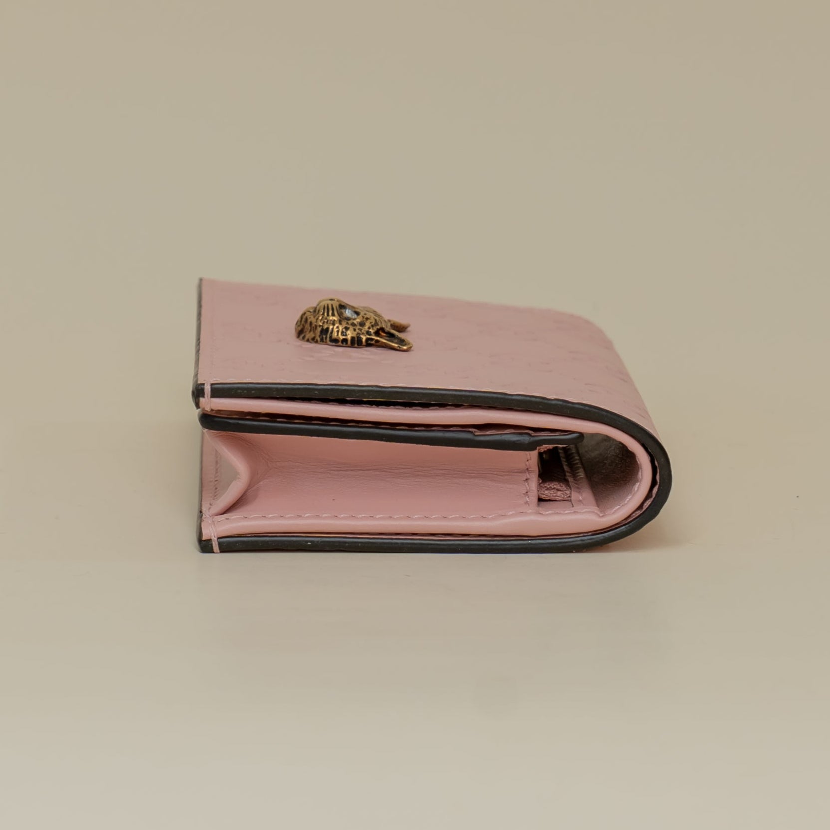 PRE-OWNED Guccissima Signature Crystal Cat Card Case Wallet Light Pink