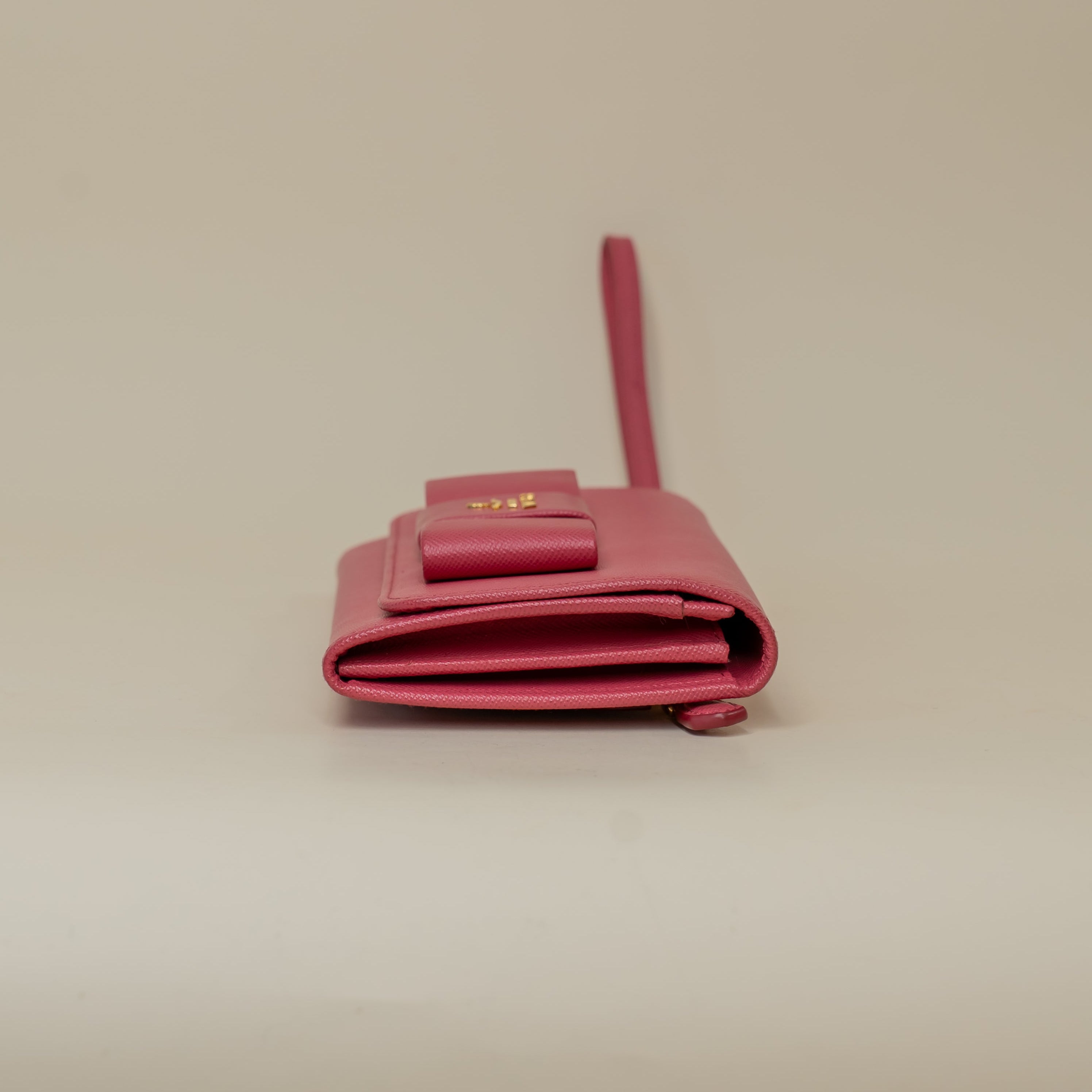 PRE-OWNED Pink Saffiano Leather Bow Wristlet Wallet