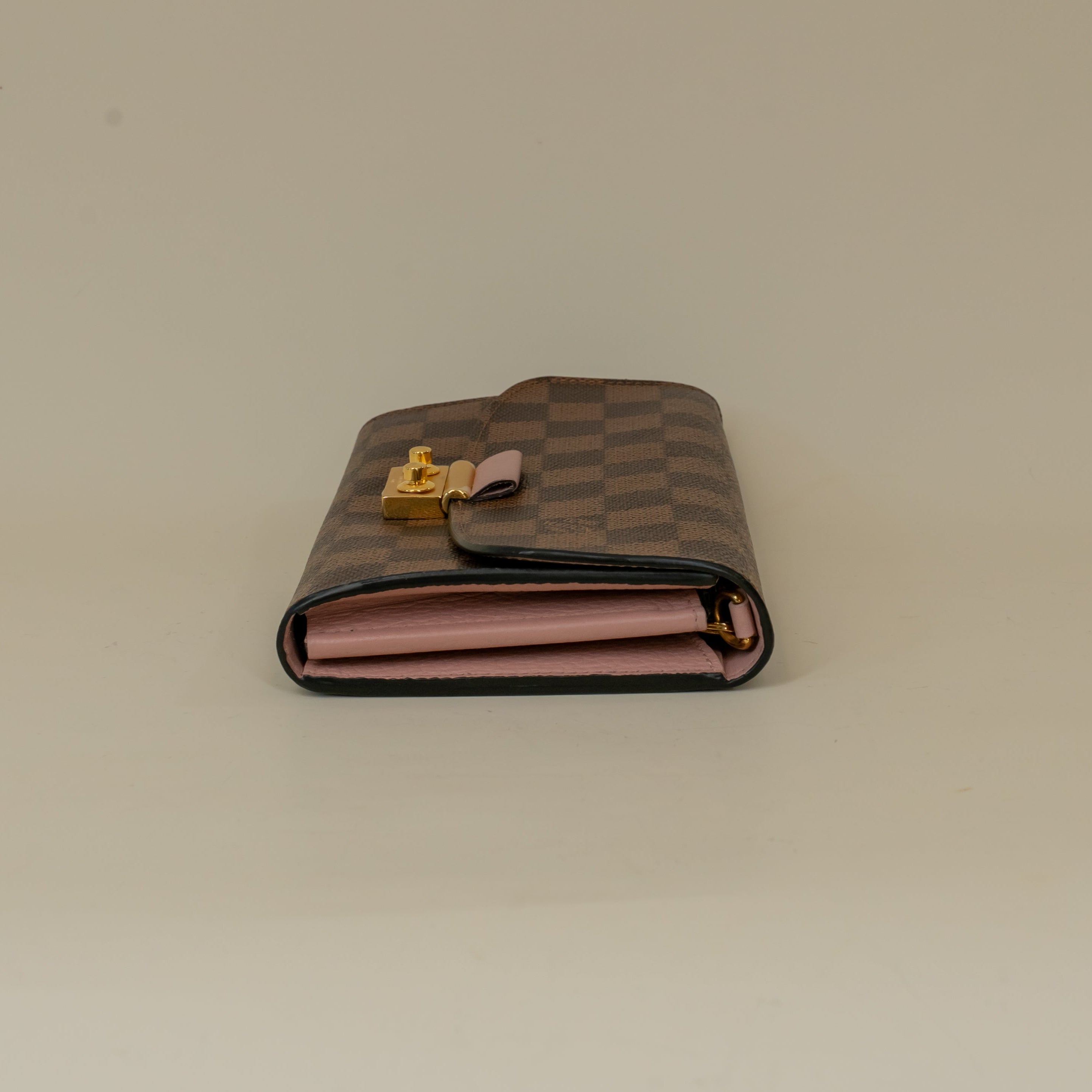 PRE-OWNED Damier Ebene Croisette Chain Wallet Rose Ballerine