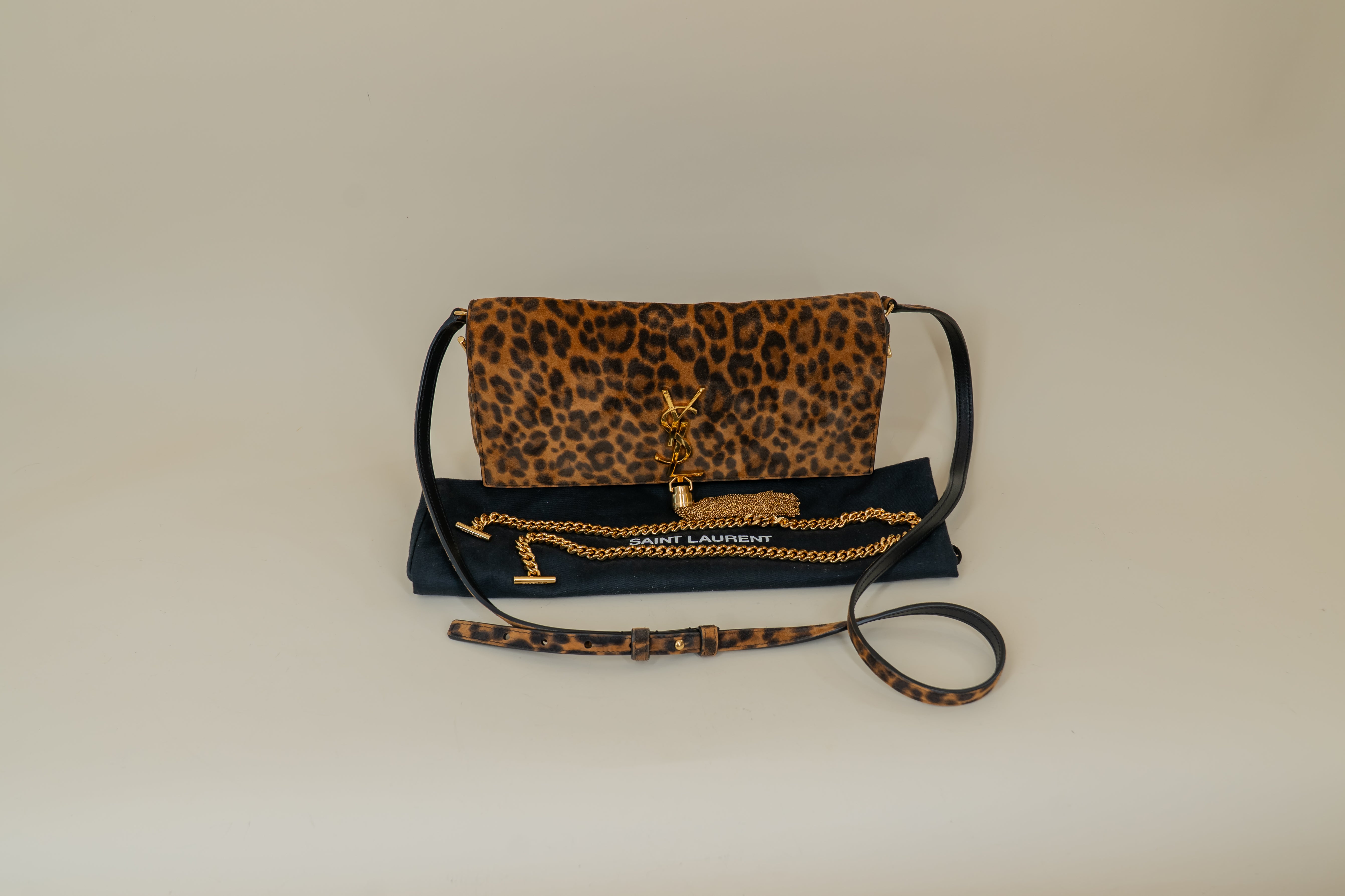PRE-OWNED Suede Leopard Print Monogram Tassel Kate 99 Crossbody Bag