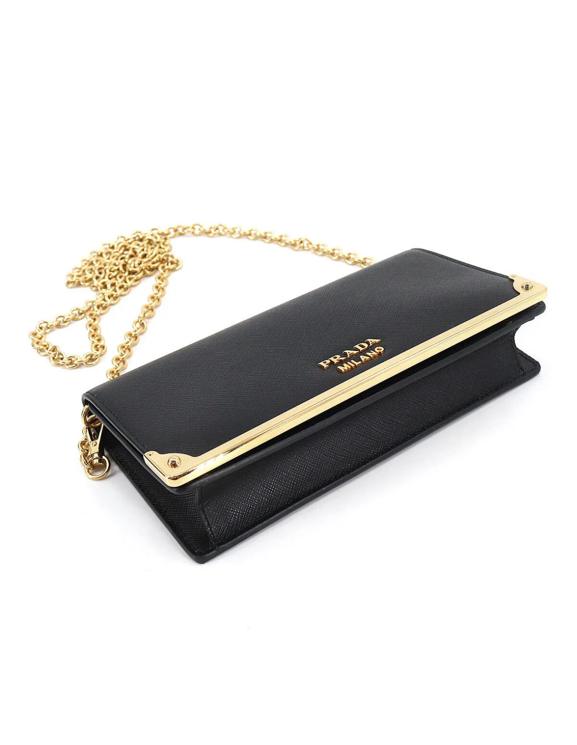PRADA - Saffiano Black Leather Chain Wallet