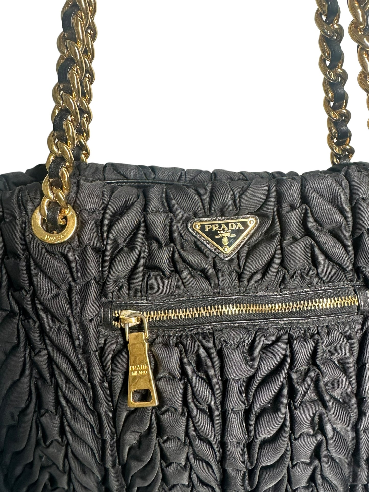 PRADA - Black Nylon Ruched Chain Tote