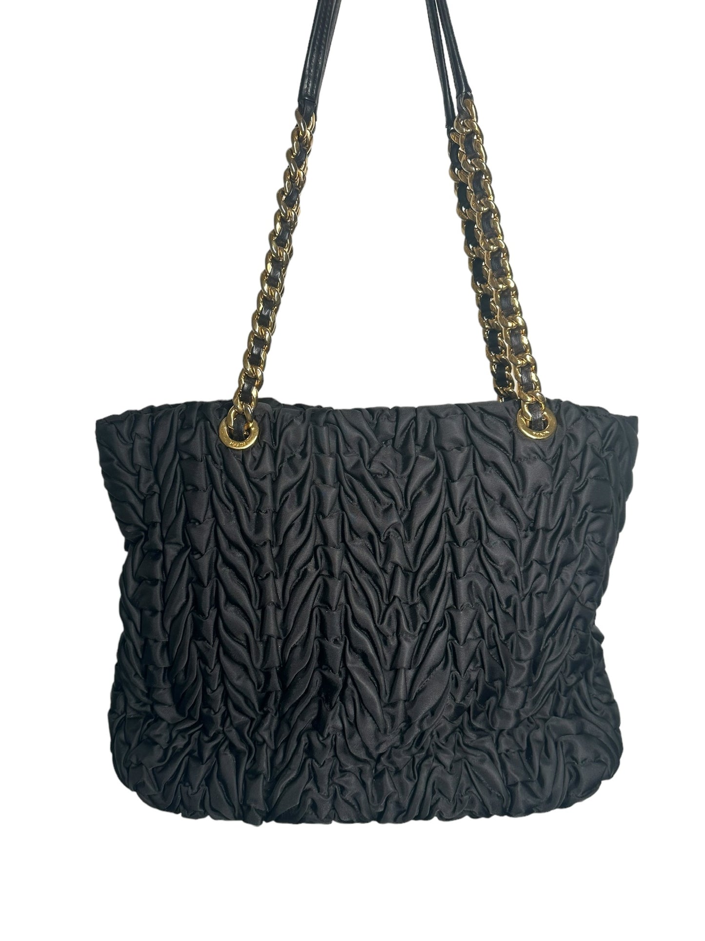 PRADA - Black Nylon Ruched Chain Tote