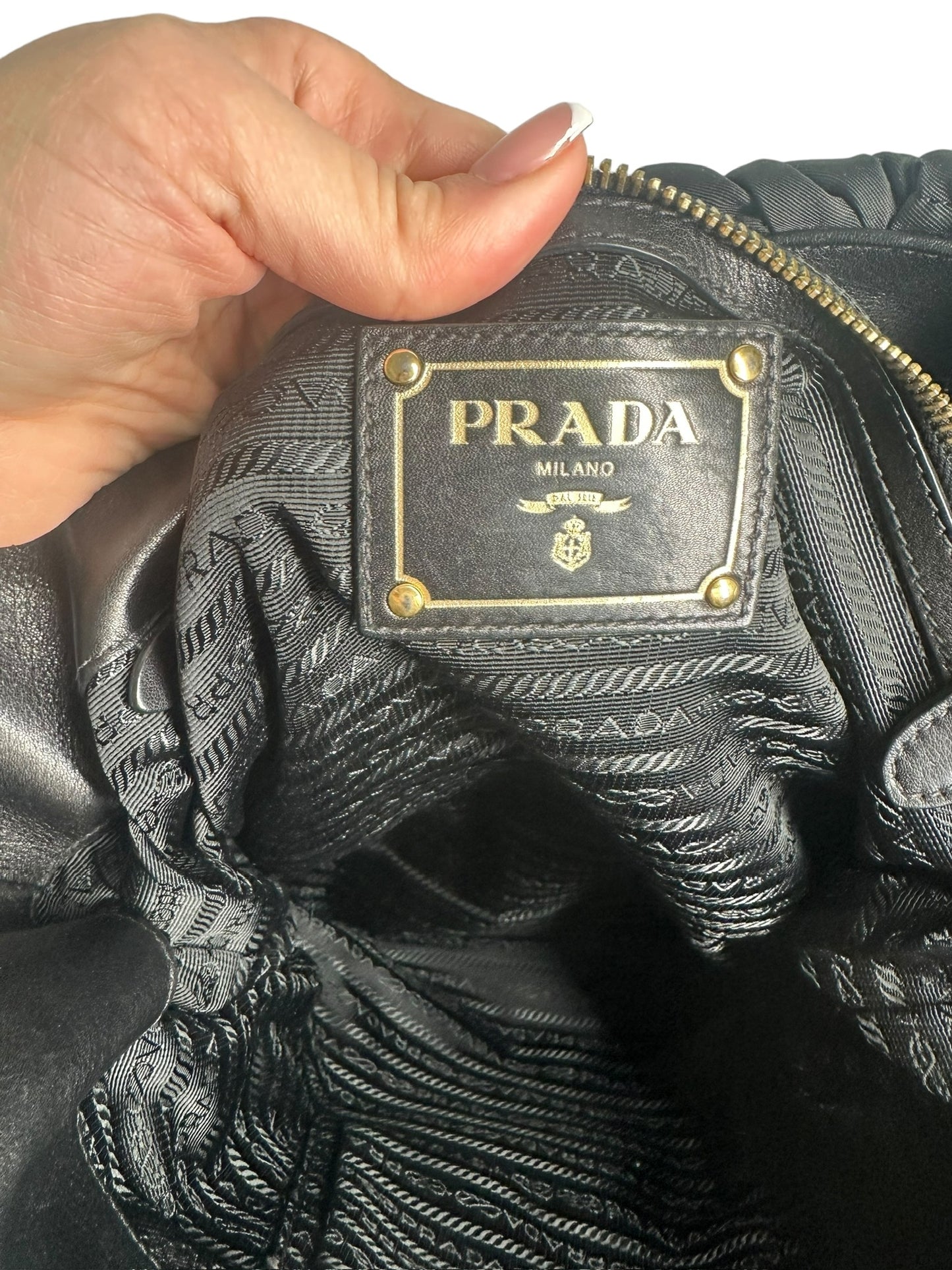 PRADA - Black Nylon Ruched Chain Tote