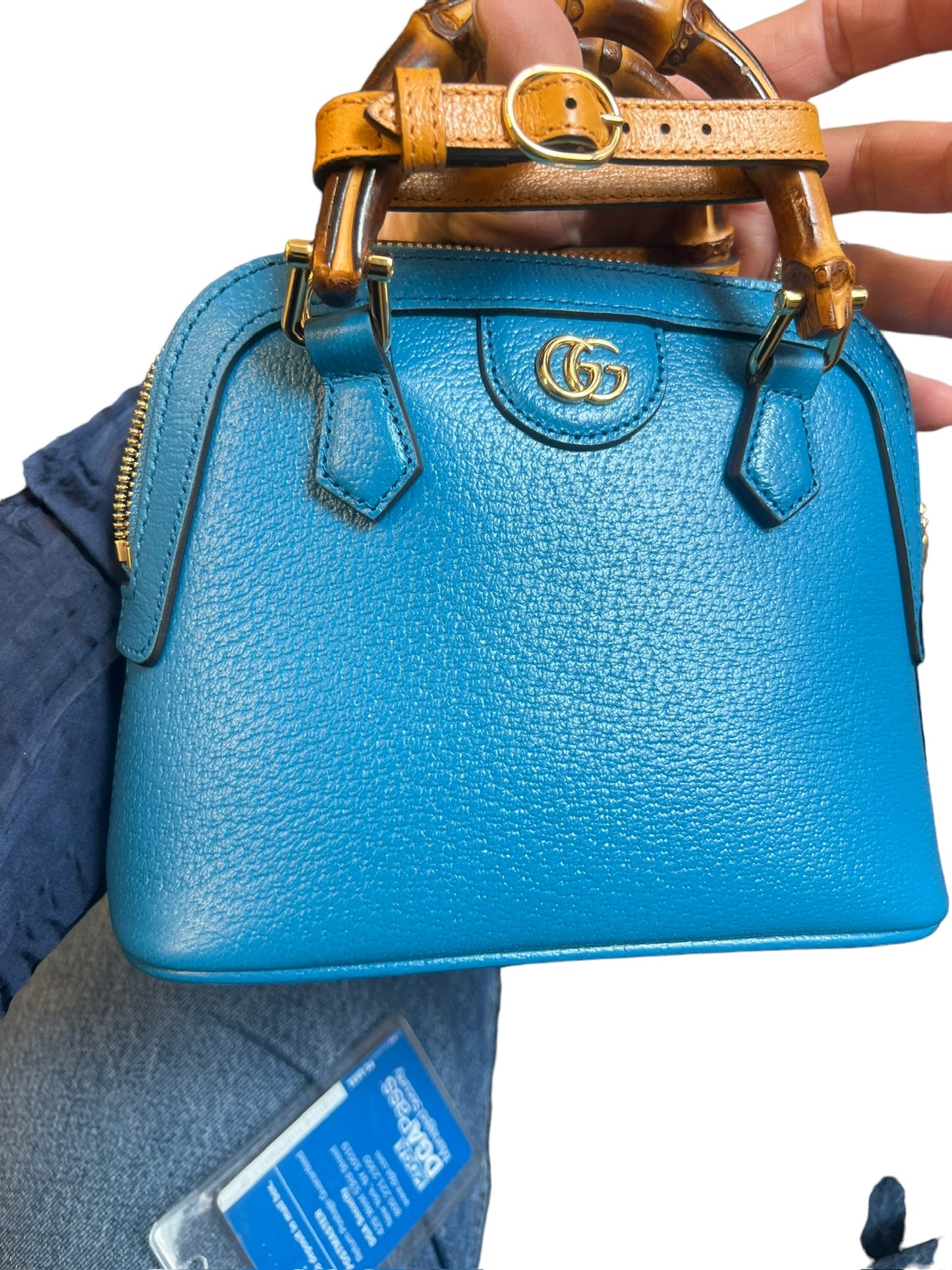 GUCCI - Diana Mini Bamboo Double G Tote Bag Blue Leather