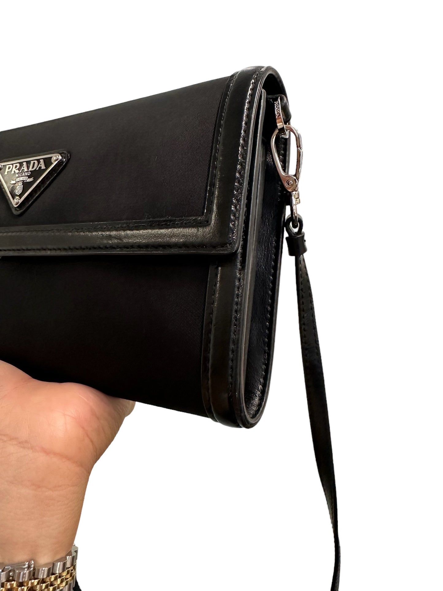 PRADA - Black Tessuto Nylon Vitello Wallet on Strap