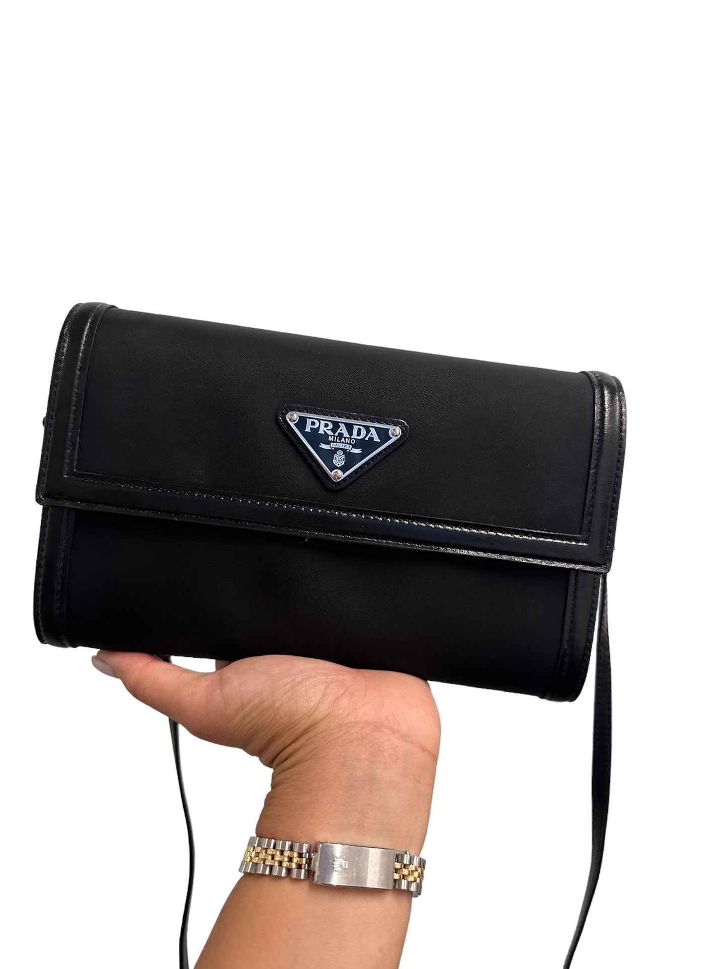 PRADA - Black Tessuto Nylon Vitello Wallet on Strap