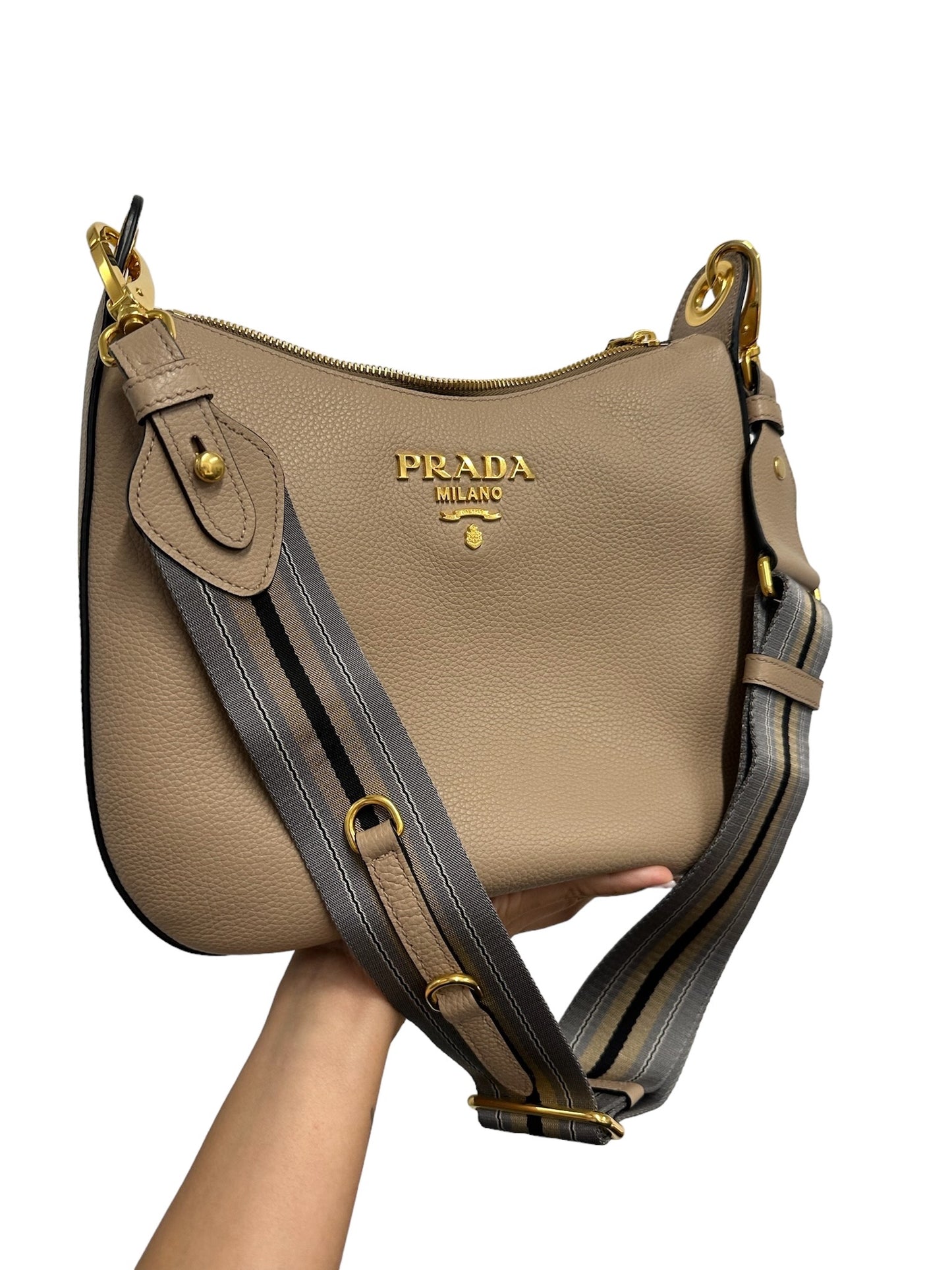PRADA - Beige Vitello Danio Soft Zip Messenger Hobo