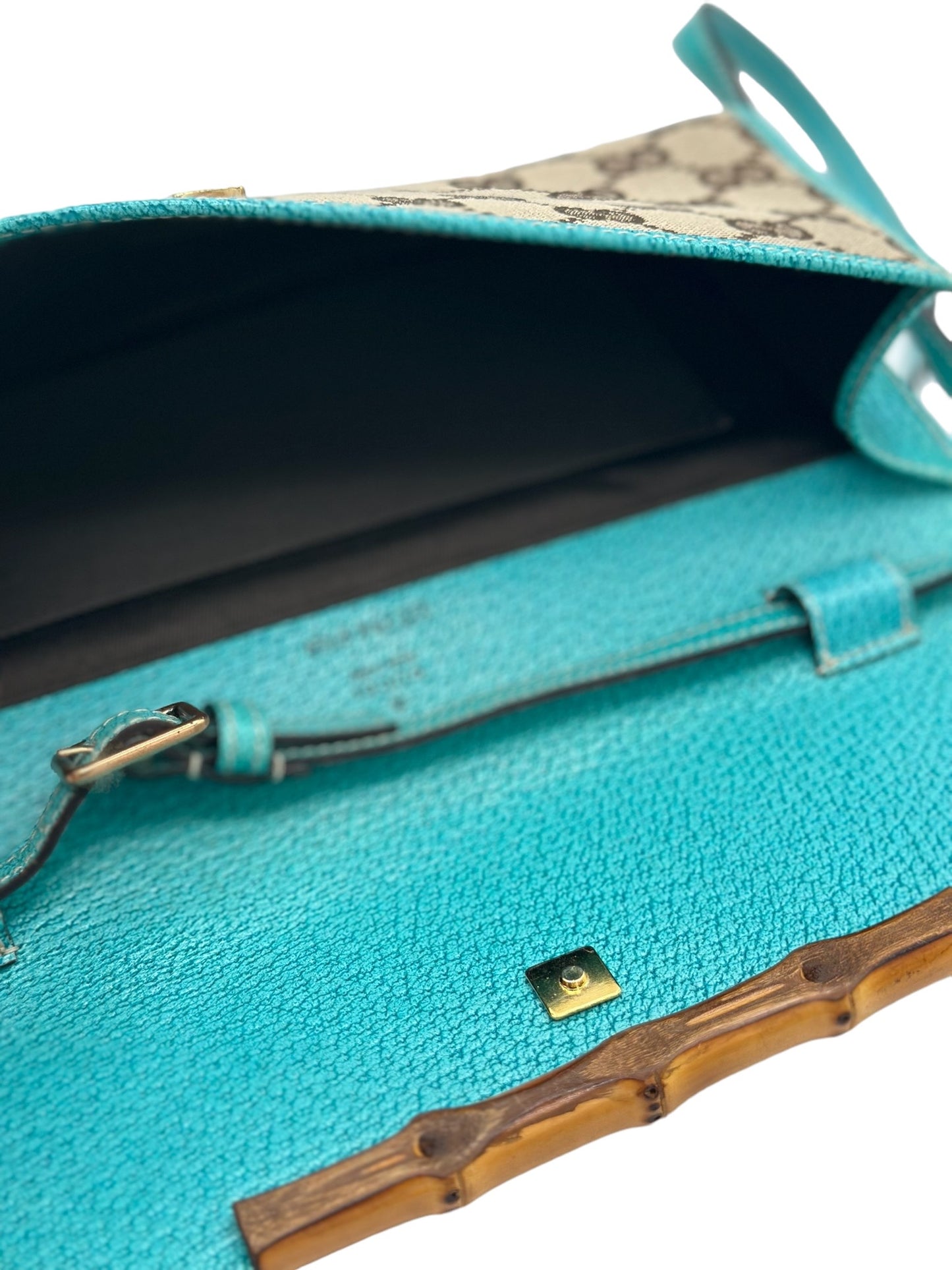 PRE-OWNED GG Monogram Bamboo Bar Clutch Turquoise Crossbody Bag