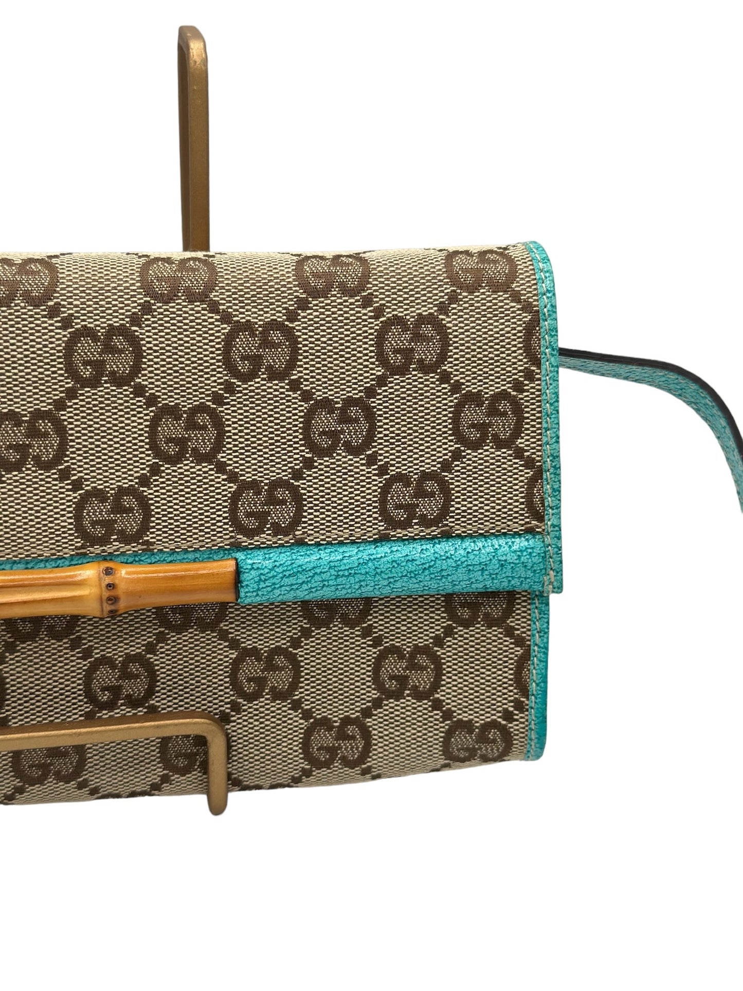 PRE-OWNED GG Monogram Bamboo Bar Clutch Turquoise Crossbody Bag