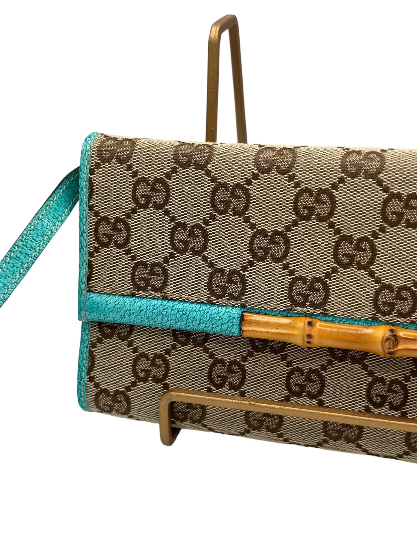 PRE-OWNED GG Monogram Bamboo Bar Clutch Turquoise Crossbody Bag