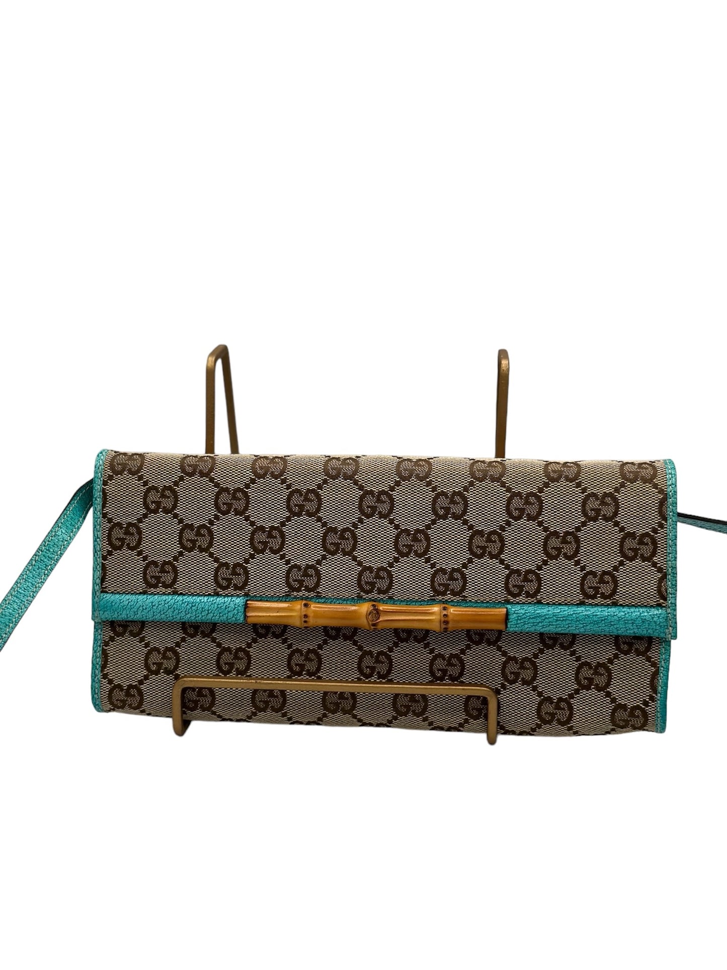 PRE-OWNED GG Monogram Bamboo Bar Clutch Turquoise Crossbody Bag