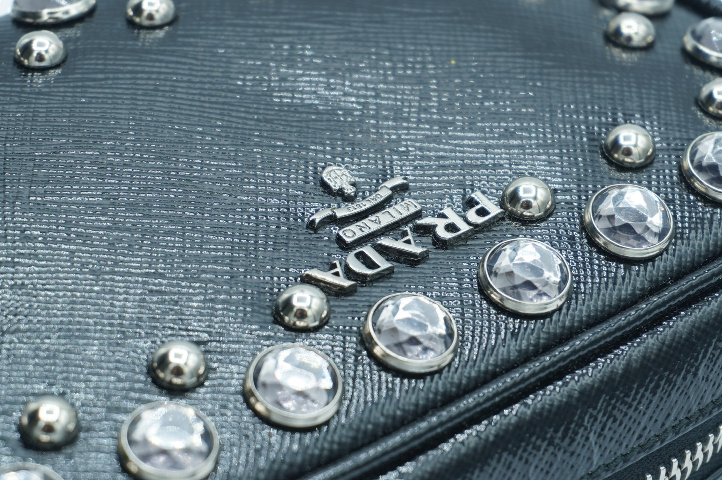 PRADA - Black Silver Clear Saffiano Leather Shoulder Bag