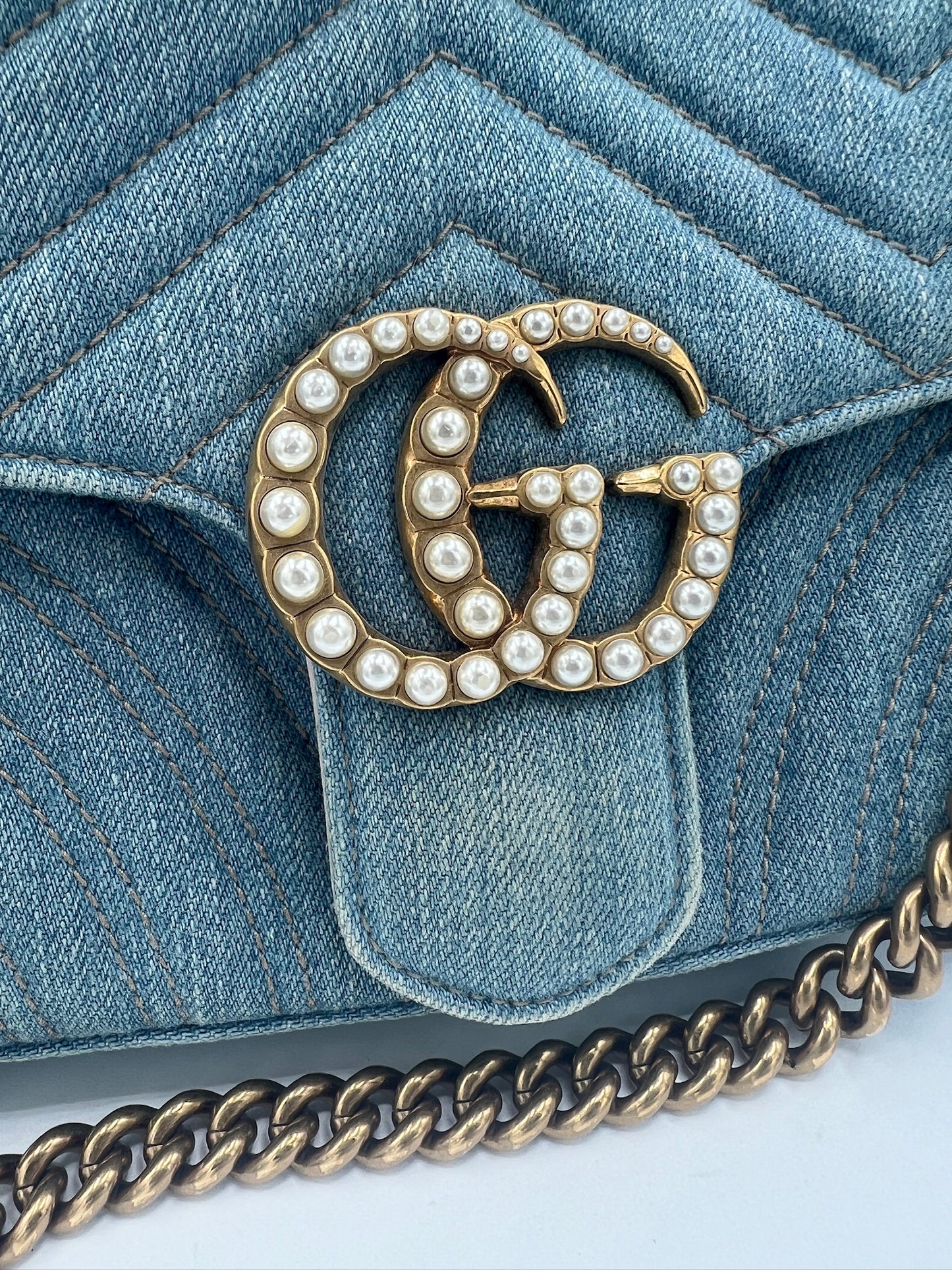 GUCCI - GG Marmont Light Blue Denim Shoulder Bag