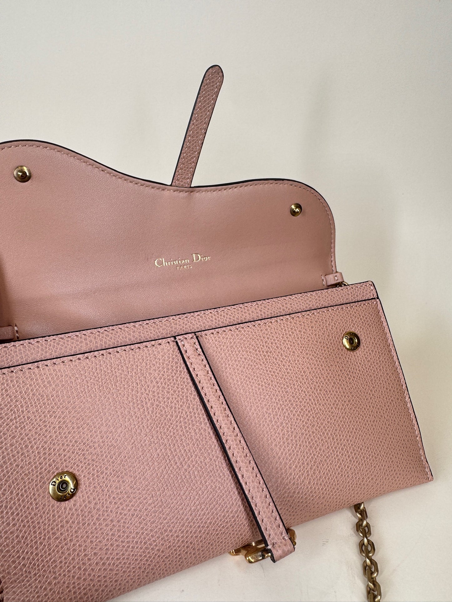 PRE-OWNED Peach Pink Grained Calfskin Saddle Chain Pouch Crossbody Bag