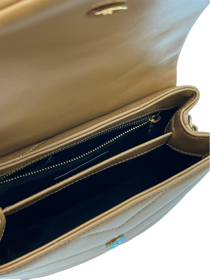 SAINT LAURENT- Calfskin Quilted Monogram Toy Loulou Satchel Camel