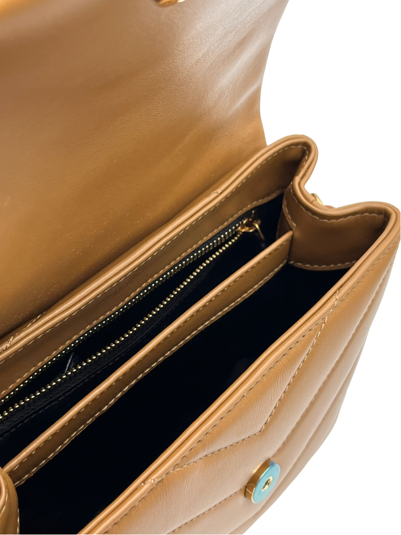 SAINT LAURENT- Calfskin Quilted Monogram Toy Loulou Satchel Camel