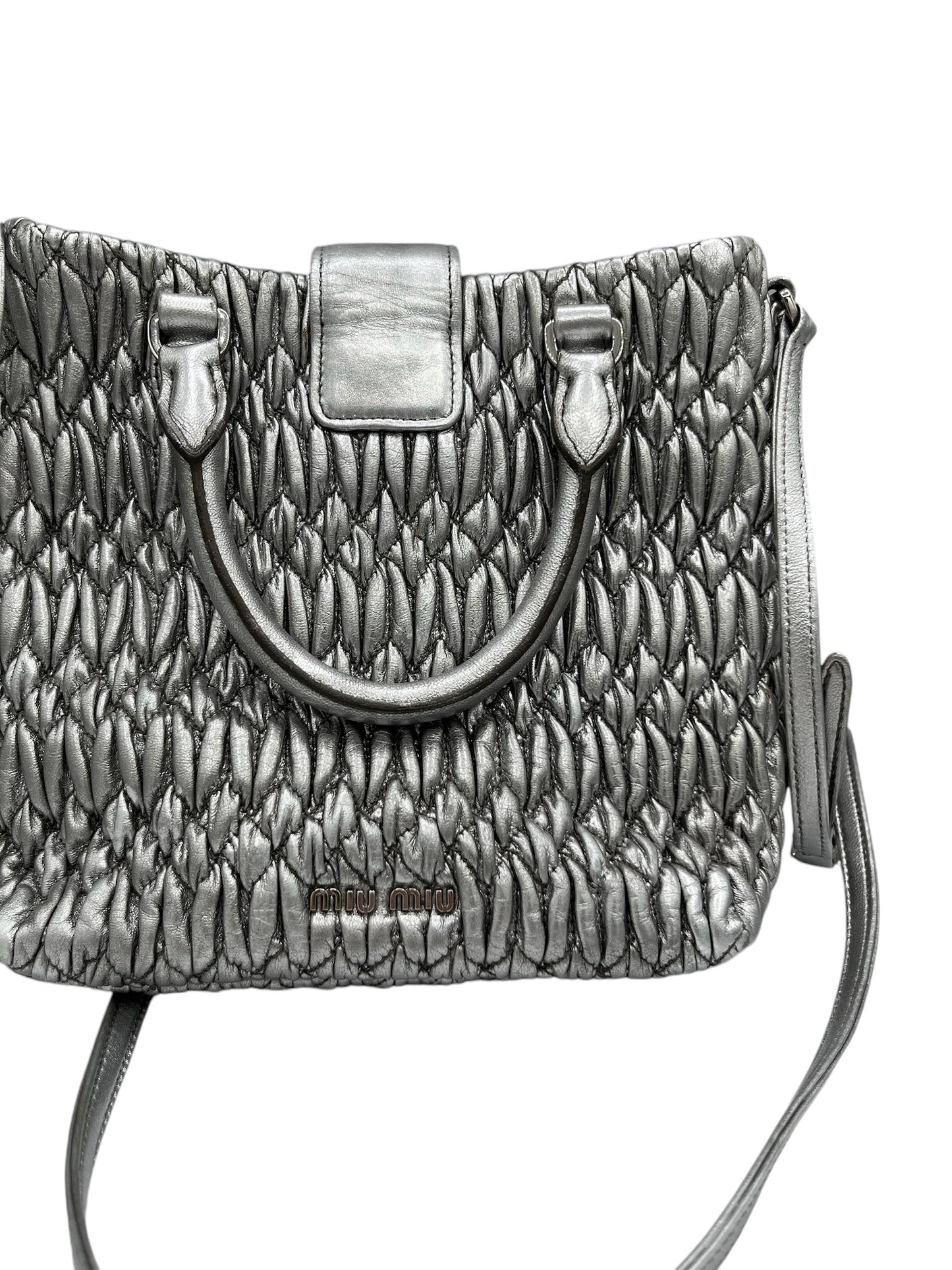 MIU MIU - Silver Matelasse Crystal Leather Statchel Shoulder Bag