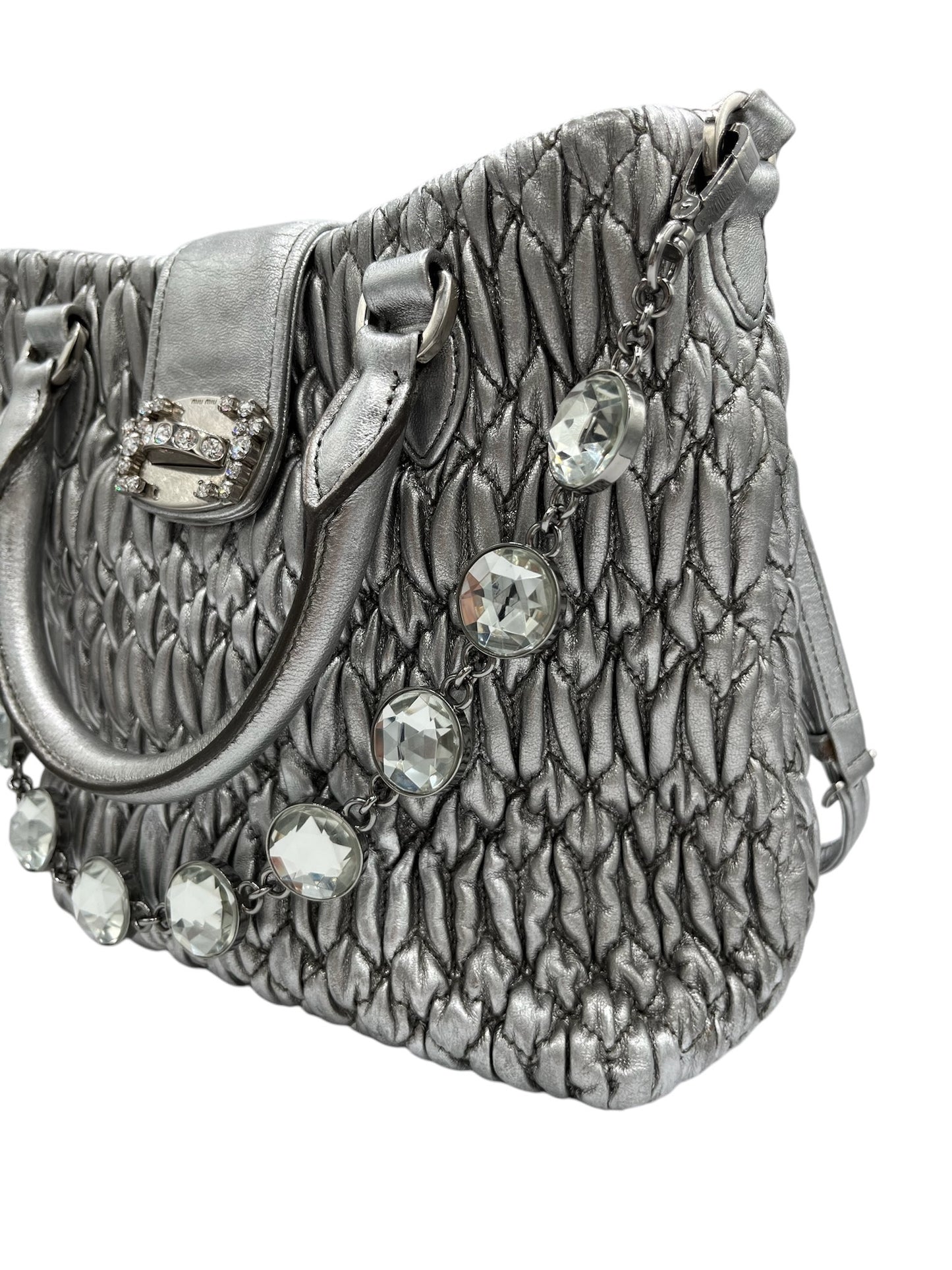 MIU MIU - Silver Matelasse Crystal Leather Statchel Shoulder Bag