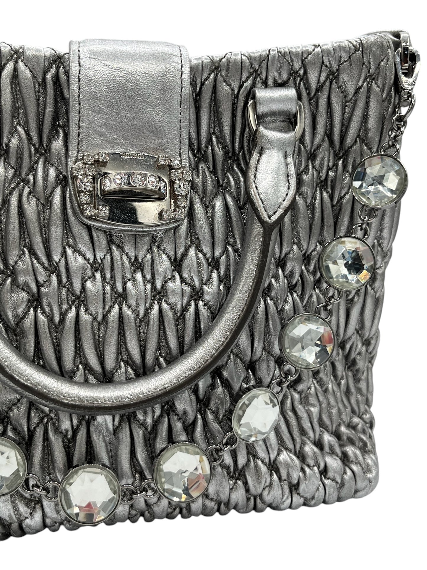 MIU MIU - Silver Matelasse Crystal Leather Statchel Shoulder Bag