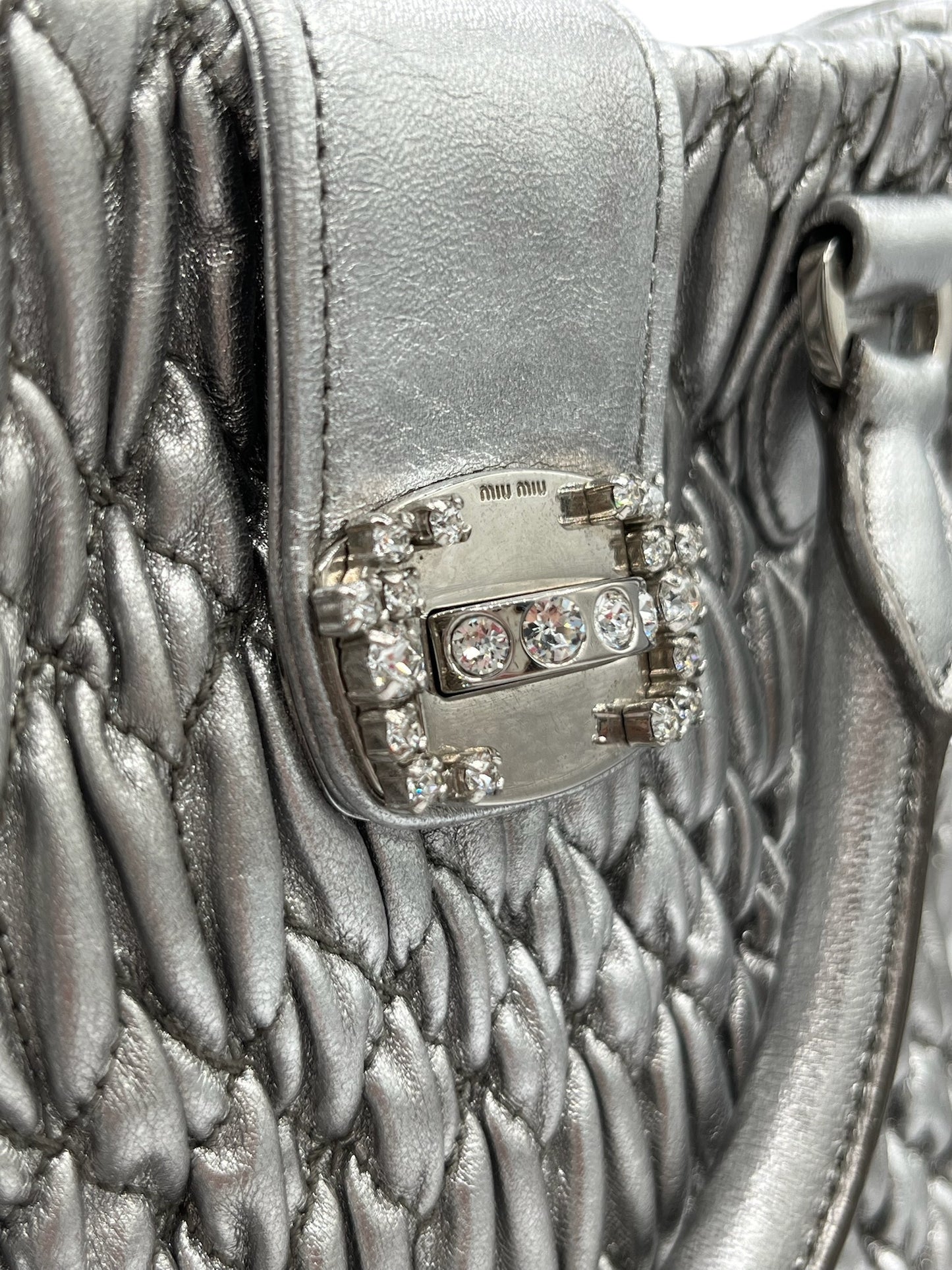 MIU MIU - Silver Matelasse Crystal Leather Statchel Shoulder Bag