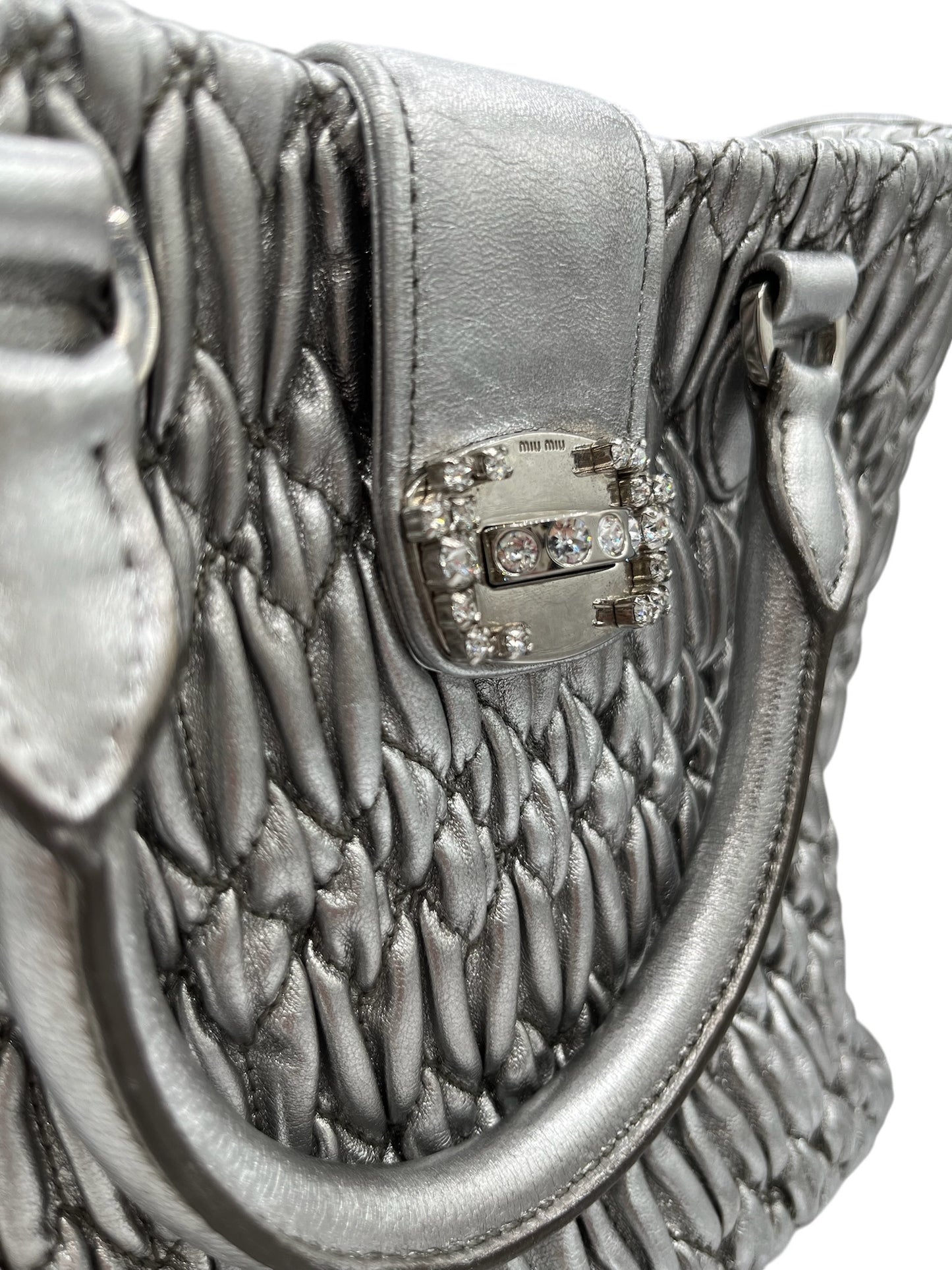 MIU MIU - Silver Matelasse Crystal Leather Statchel Shoulder Bag