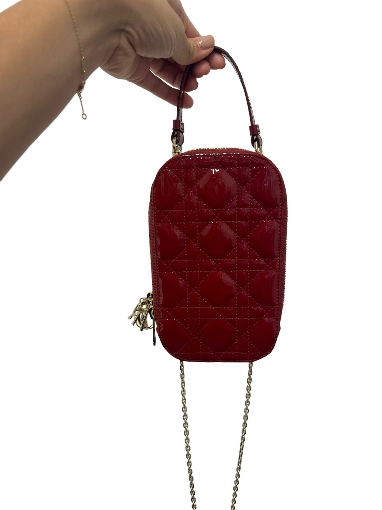 DIOR - Cherry Red Patent Lady Dior Phone Holder