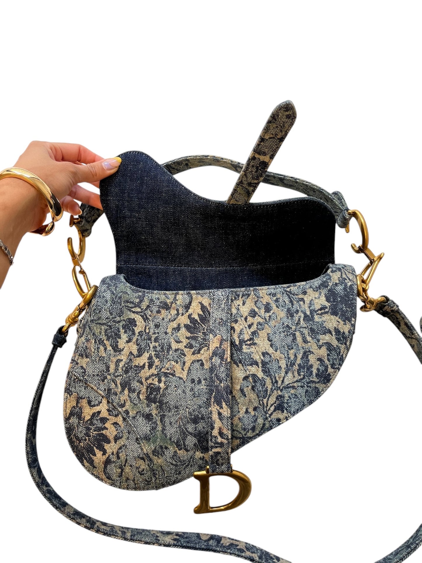 DIOR - Saddle Bag Blue Denim Brocart Embroidered Shoulder Bag