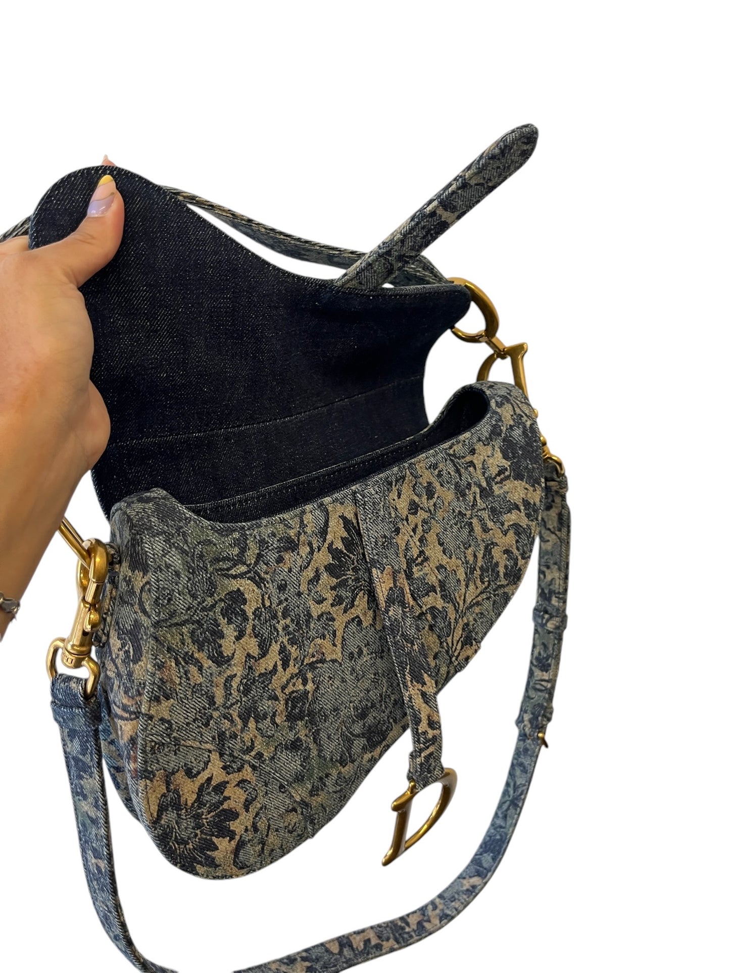 DIOR - Saddle Bag Blue Denim Brocart Embroidered Shoulder Bag