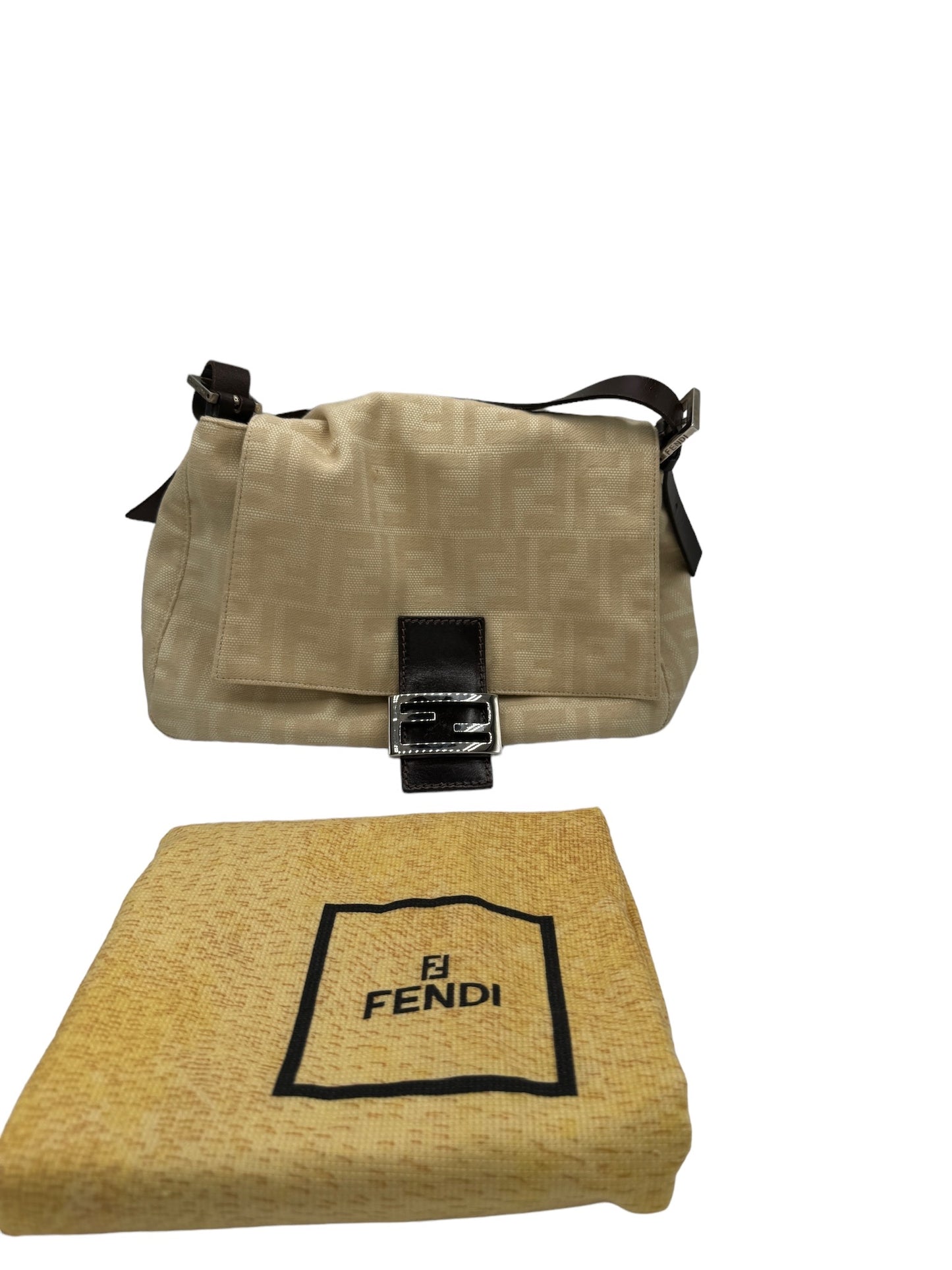 FENDI - Mama Bucket Handbag Cream Dark Brown Jacquard Leather