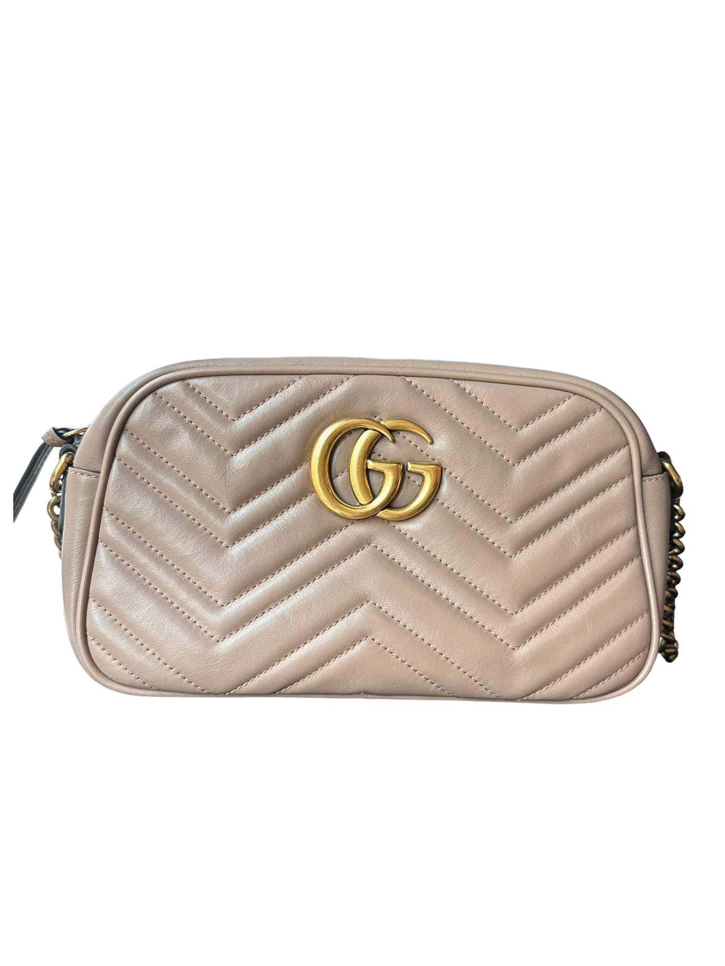 GUCCI - Taupe Calfskin Small GG Marmont Chain Bag