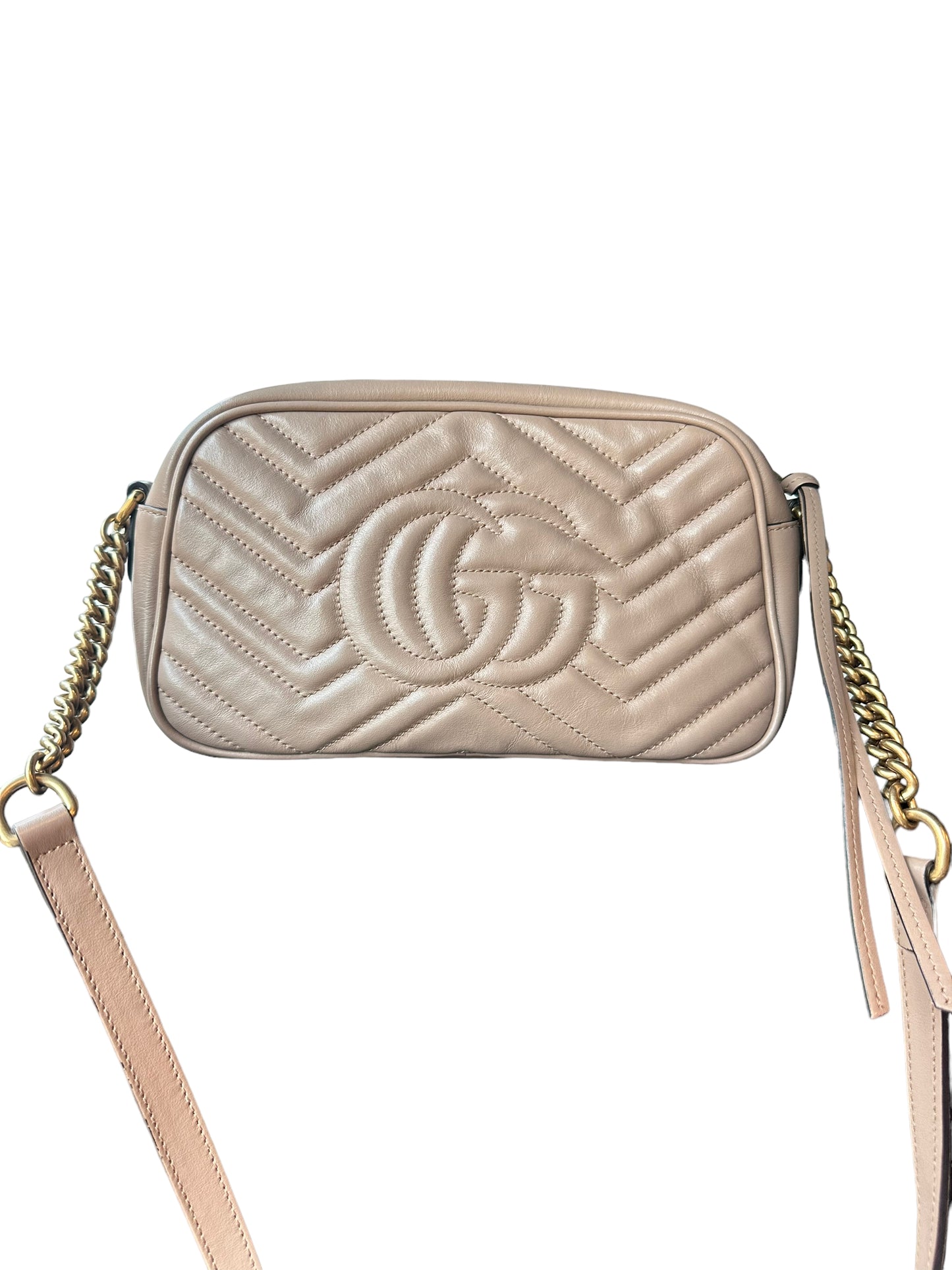 GUCCI - Taupe Calfskin Small GG Marmont Chain Bag