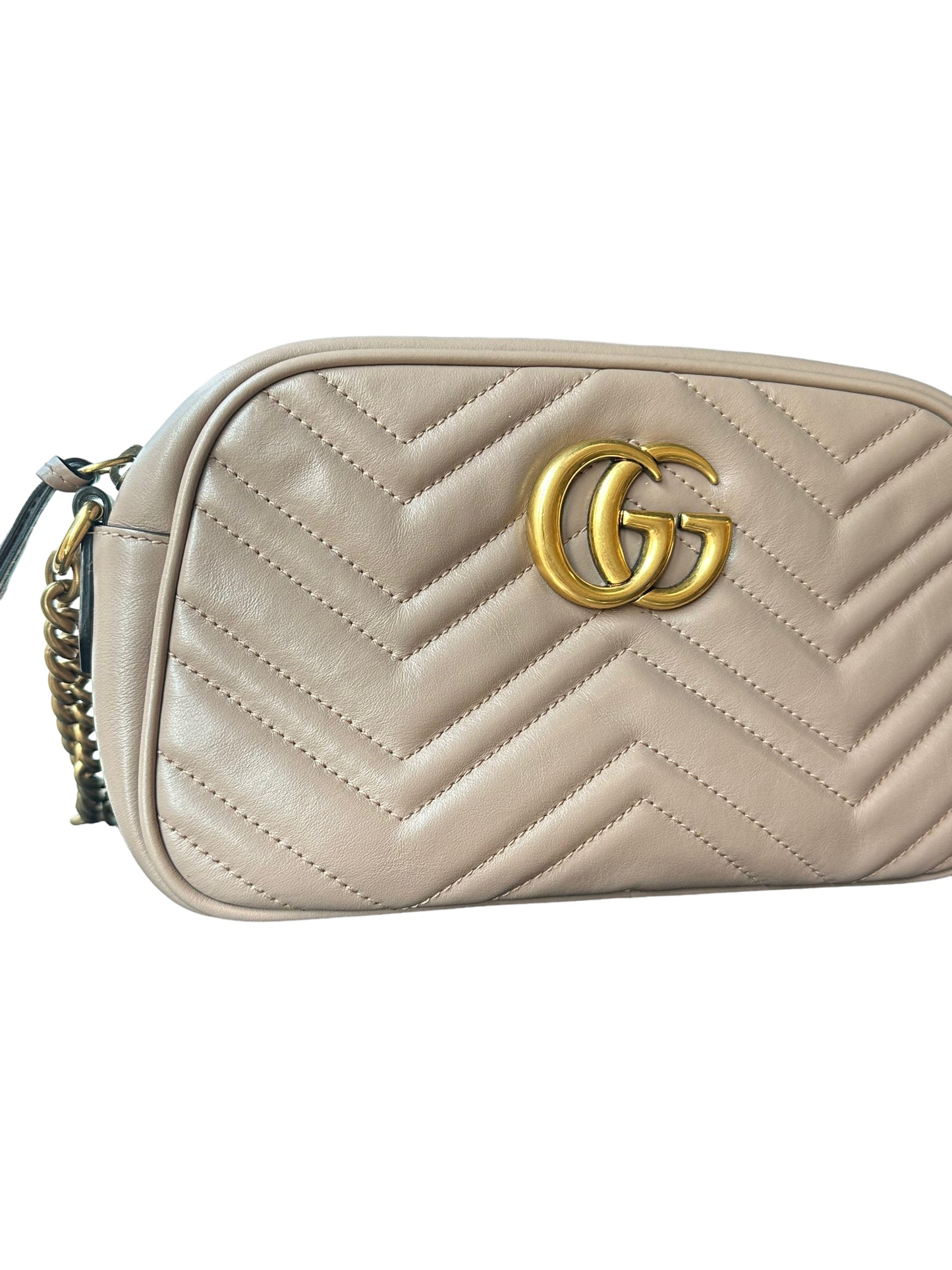 GUCCI - Taupe Calfskin Small GG Marmont Chain Bag