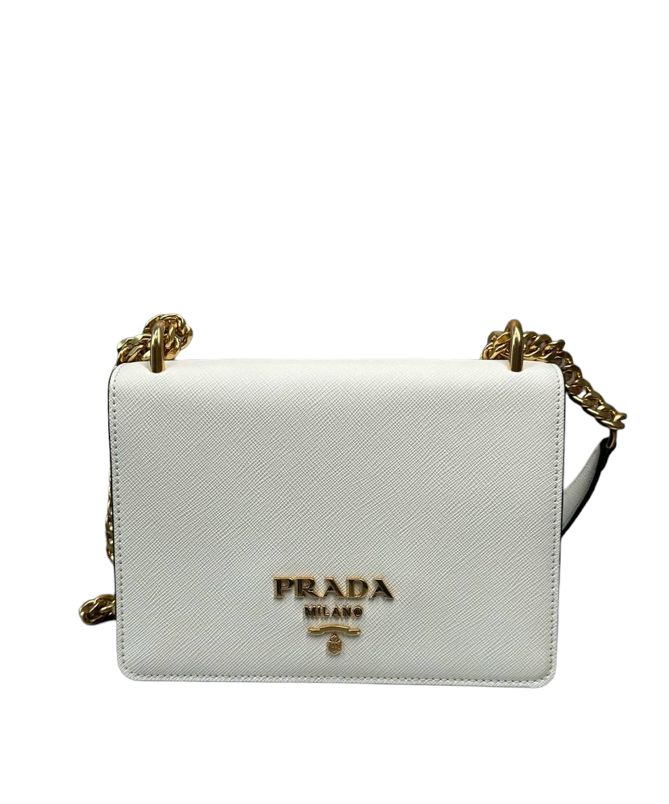 Prada Chain Flap Small Saffiano Leather White Bag ref.952662