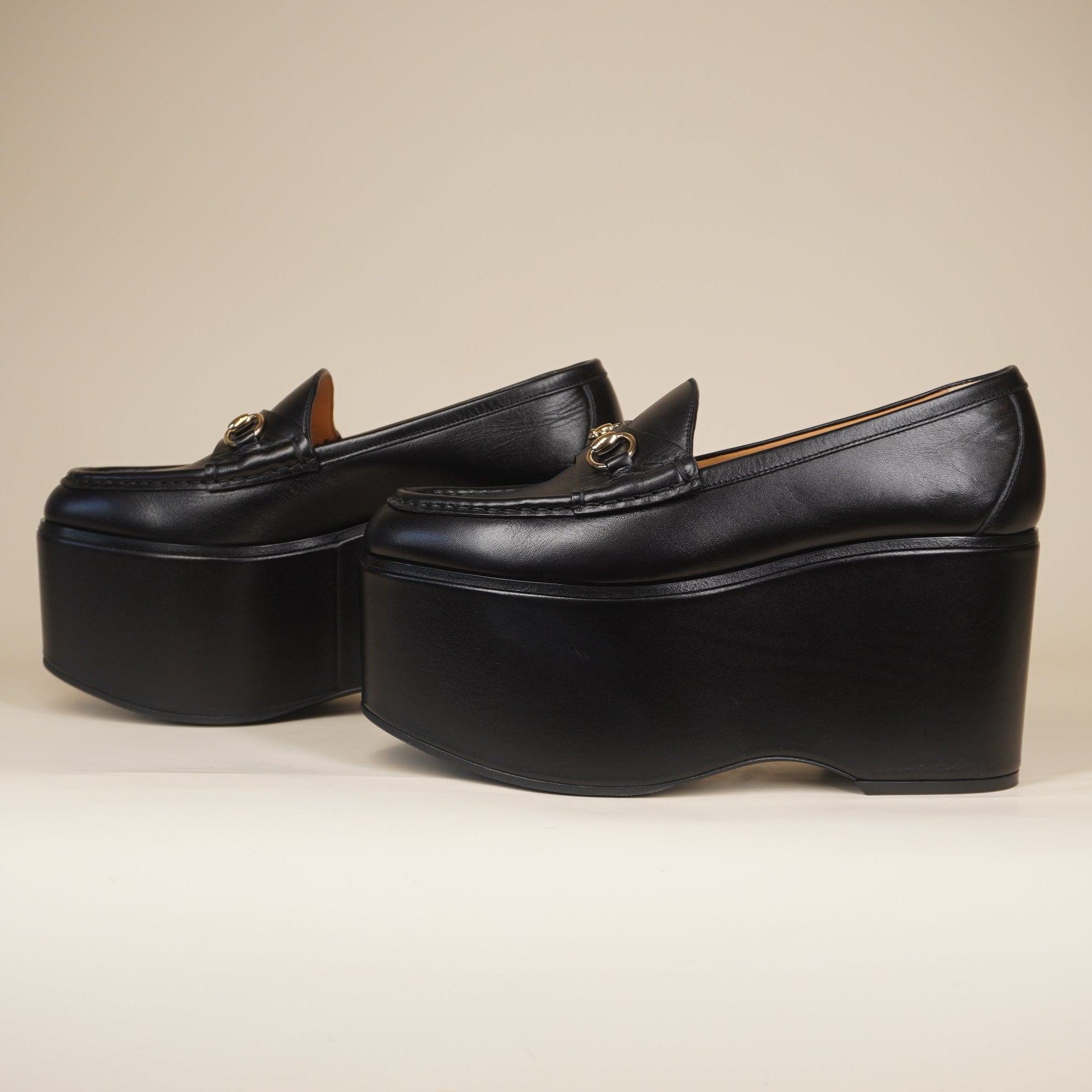 PRE-OWNED  Horsebit Leather Platform Loafers Black