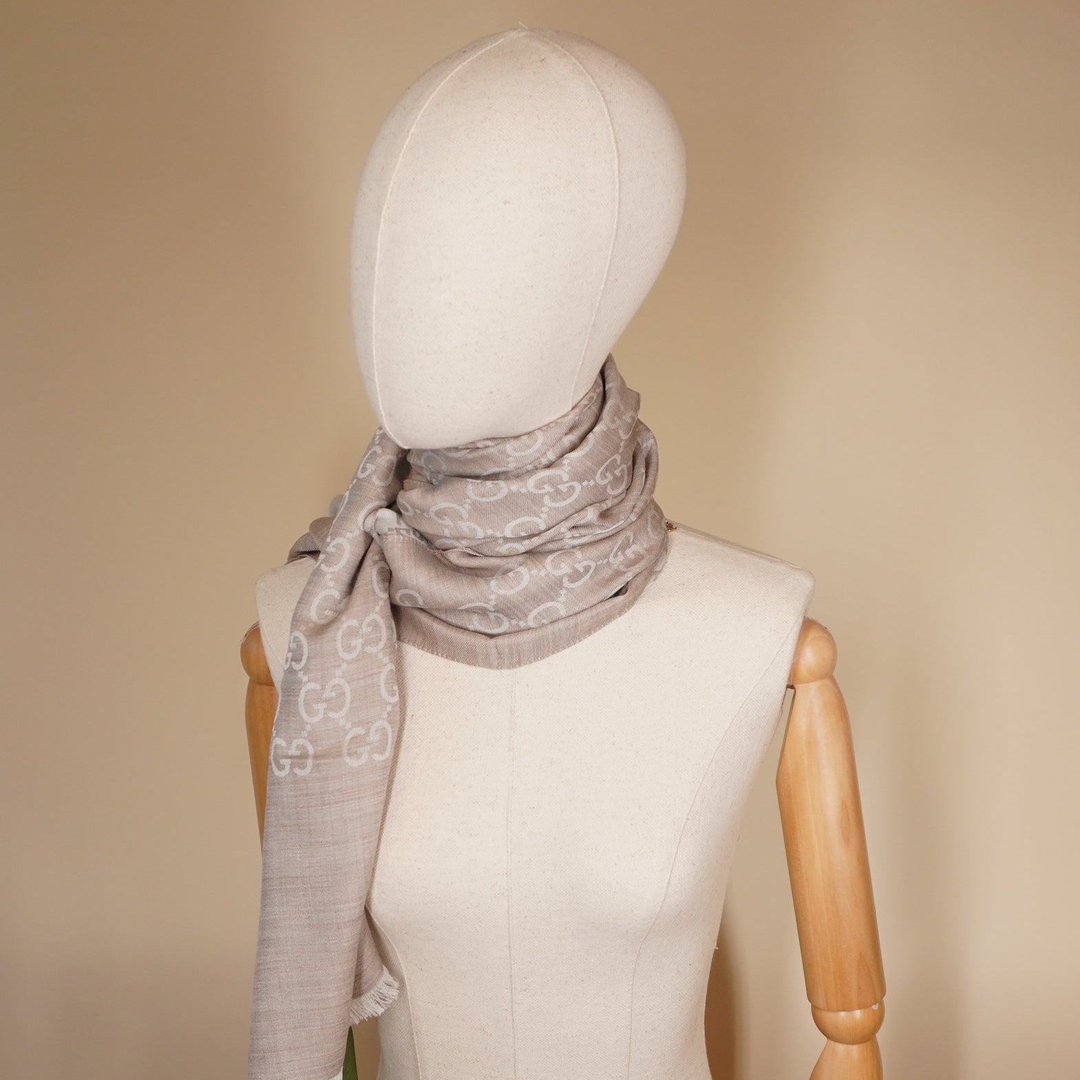 PRE-OWNED GG Brown Jacquard Wool-Silk Scarf