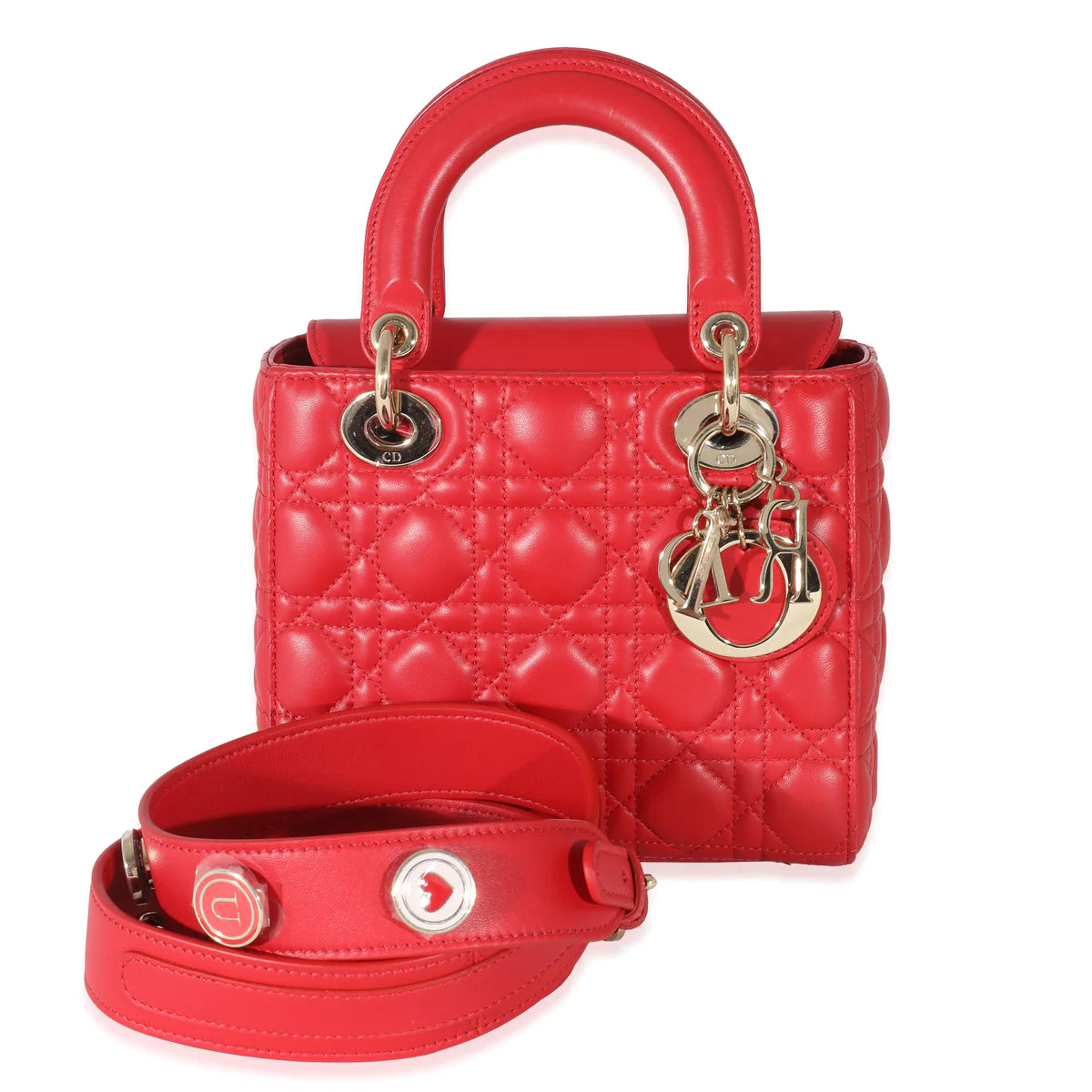 DIOR - Bolso My Lady Dior pequeño con insignias de la suerte en piel de cordero cannage roja
