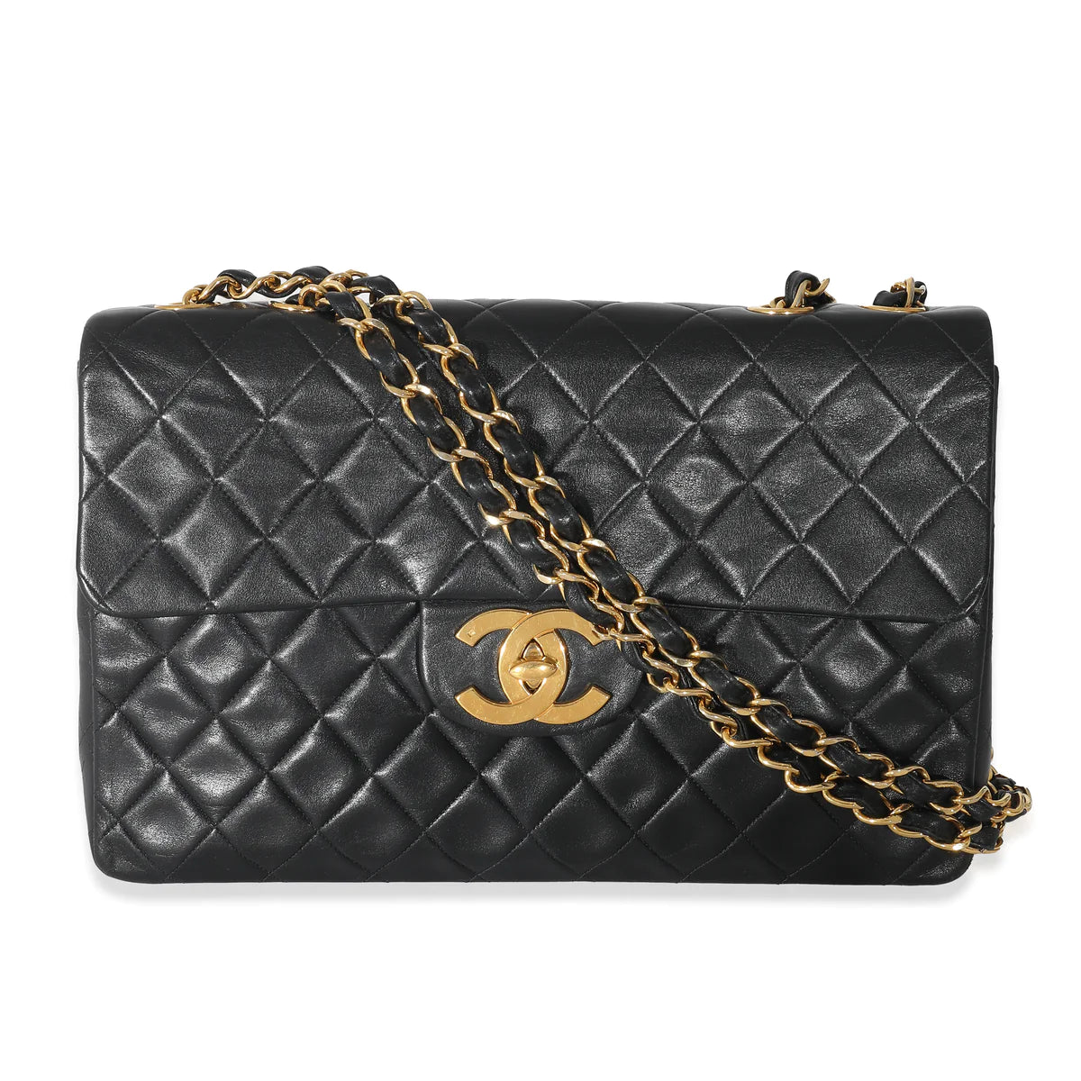 CHANEL - Bolso vintage XL con solapa simple de piel de cordero acolchada negra