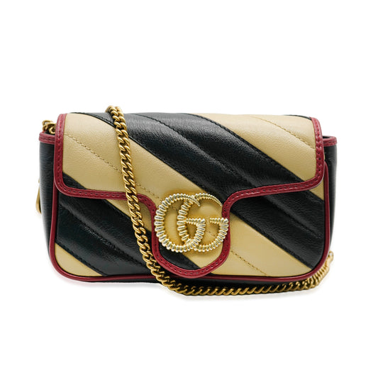 GUCCI - Black Beige Calfskin Torchon GG Marmont Super Mini Bag