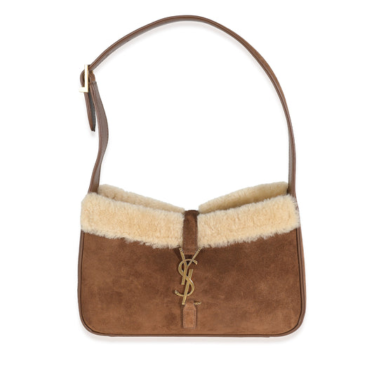 SAINT LAURENT - Dark Cigar Suede Natural Beige Shearling Le 5 A 7 Hobo