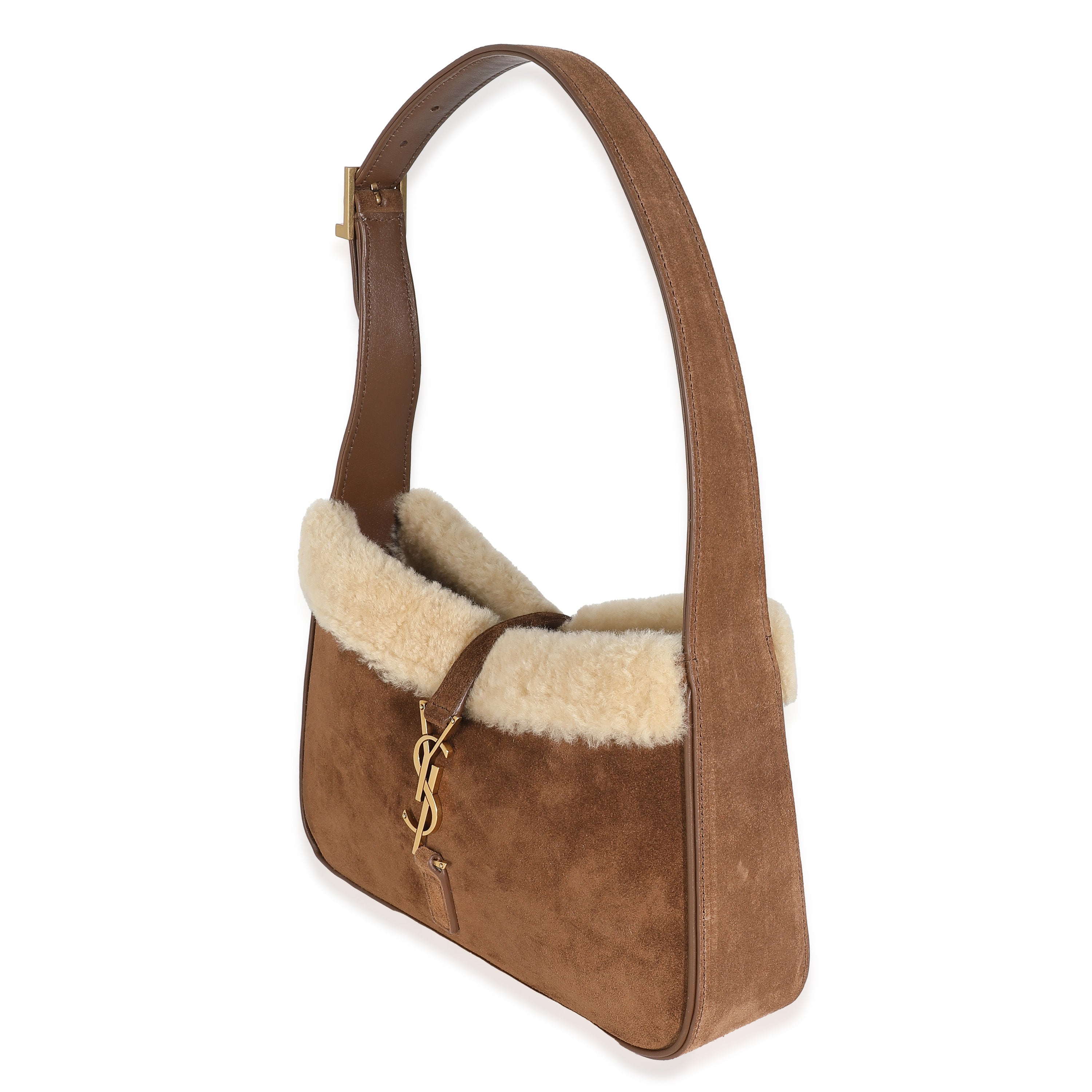 SAINT LAURENT - Dark Cigar Suede Natural Beige Shearling Le 5 A 7 Hobo