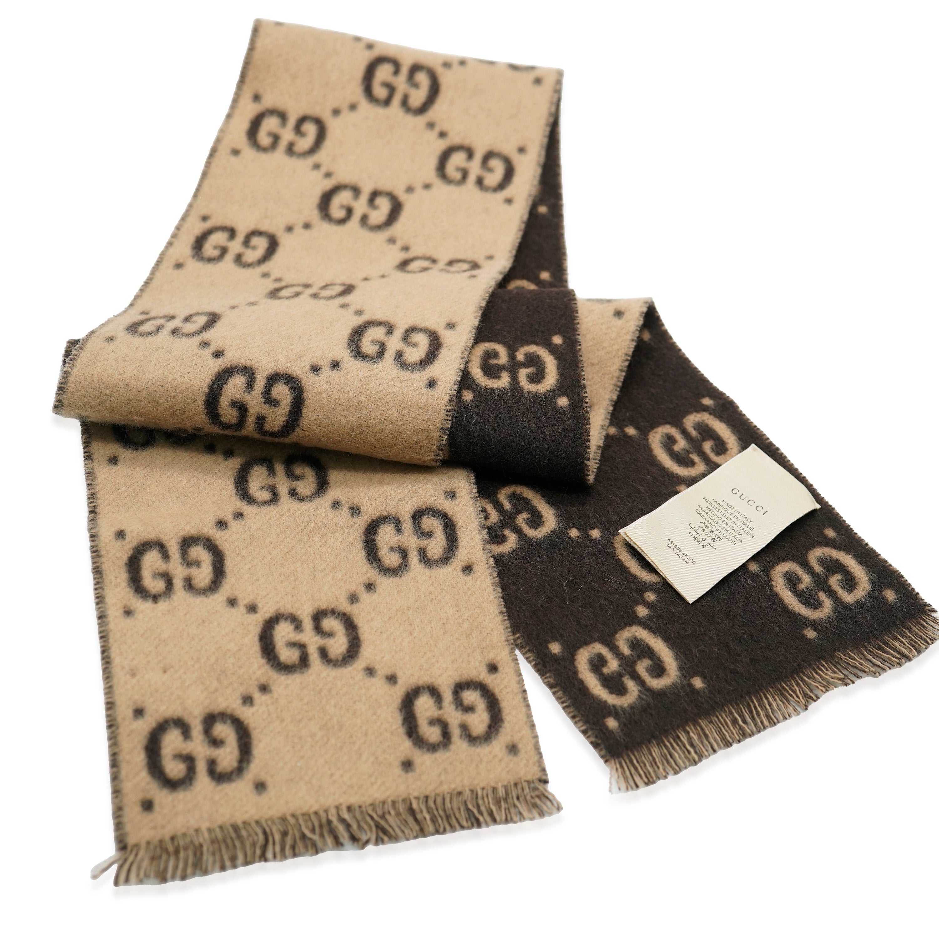 GUCCI - Bufanda GG Freeda de lana marrón y beige