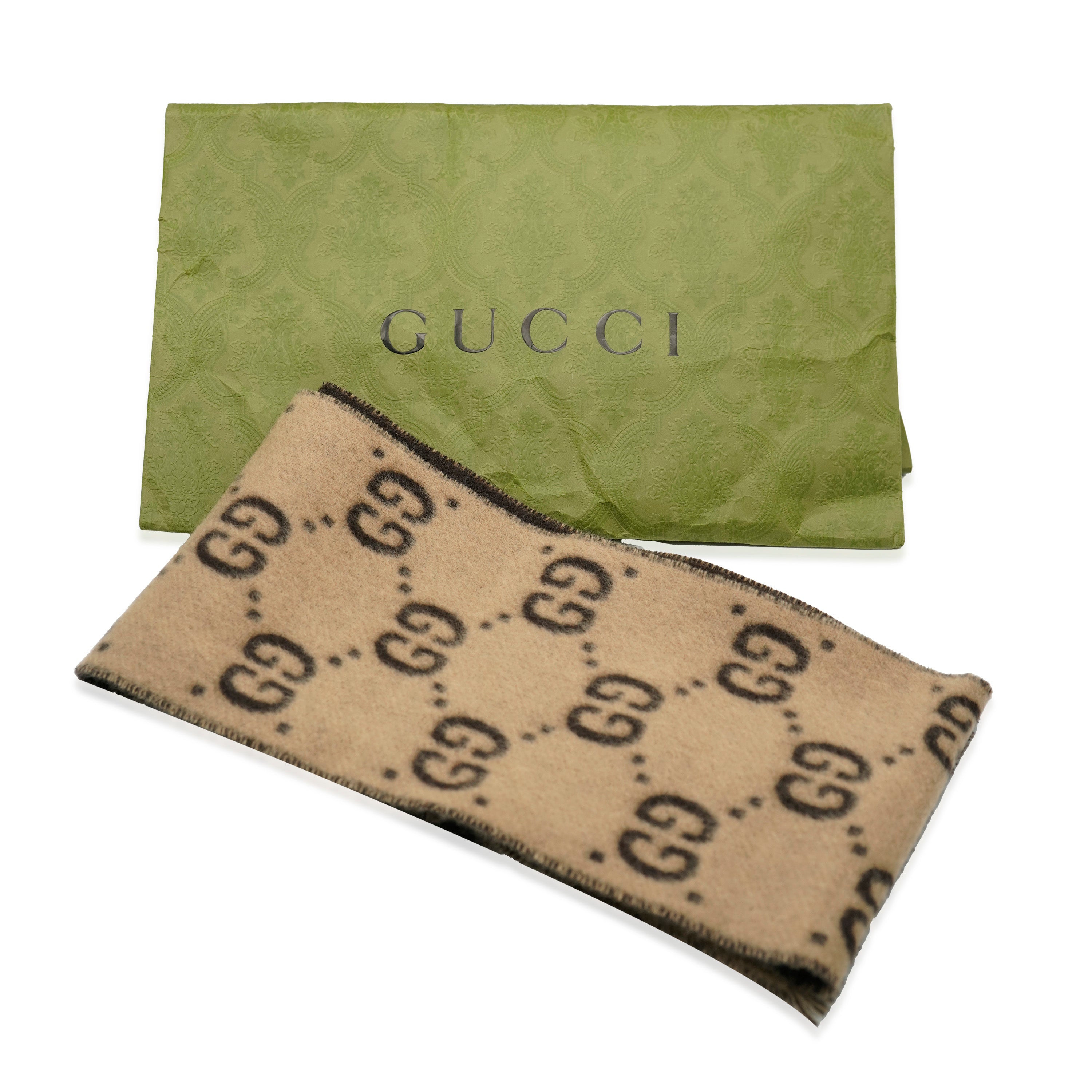 GUCCI - Bufanda GG Freeda de lana marrón y beige